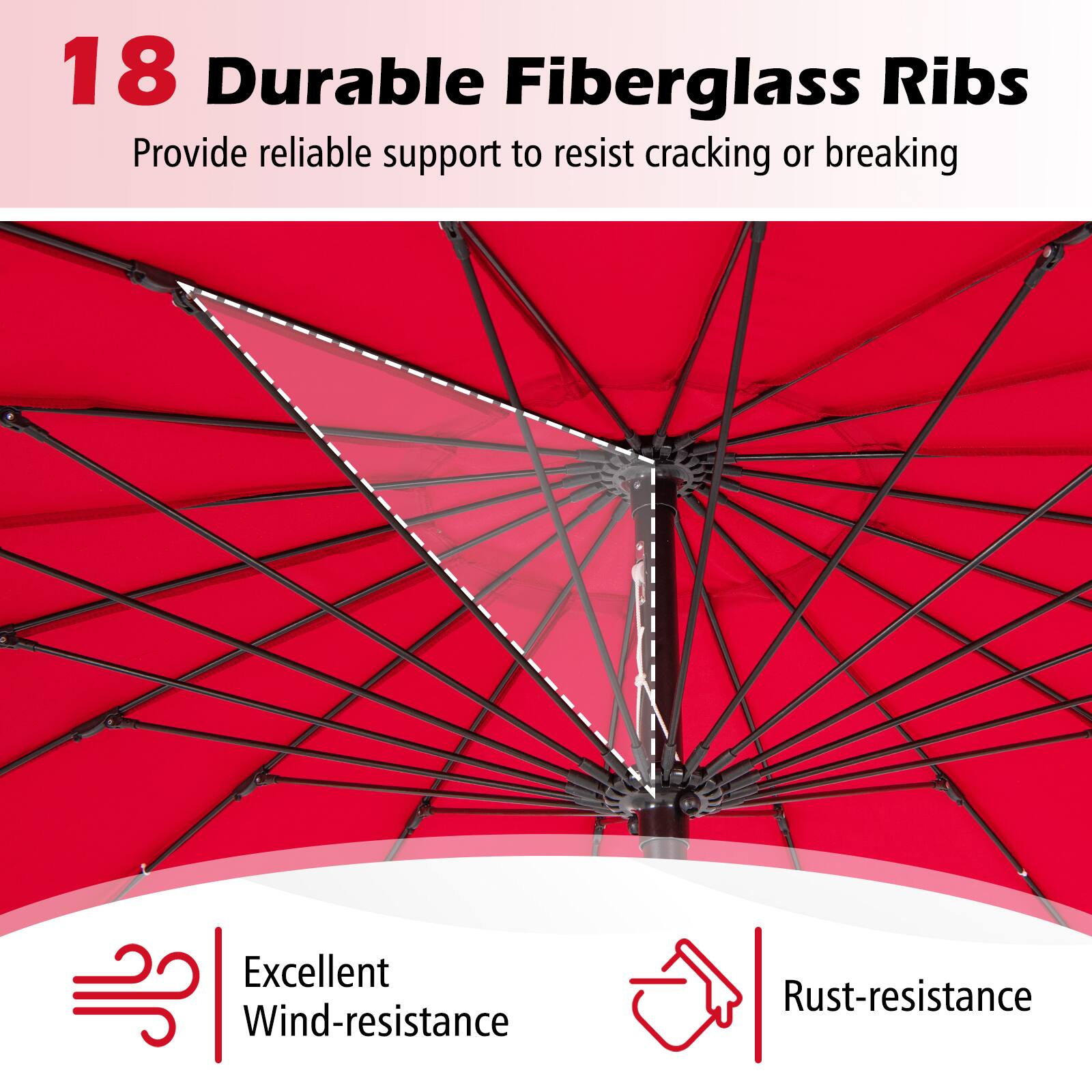 18 Durable Fiberglass Ribs  
Provide reliable support to resist cracking or breaking  

Excellent Wind-resistance  
Rust-resistance