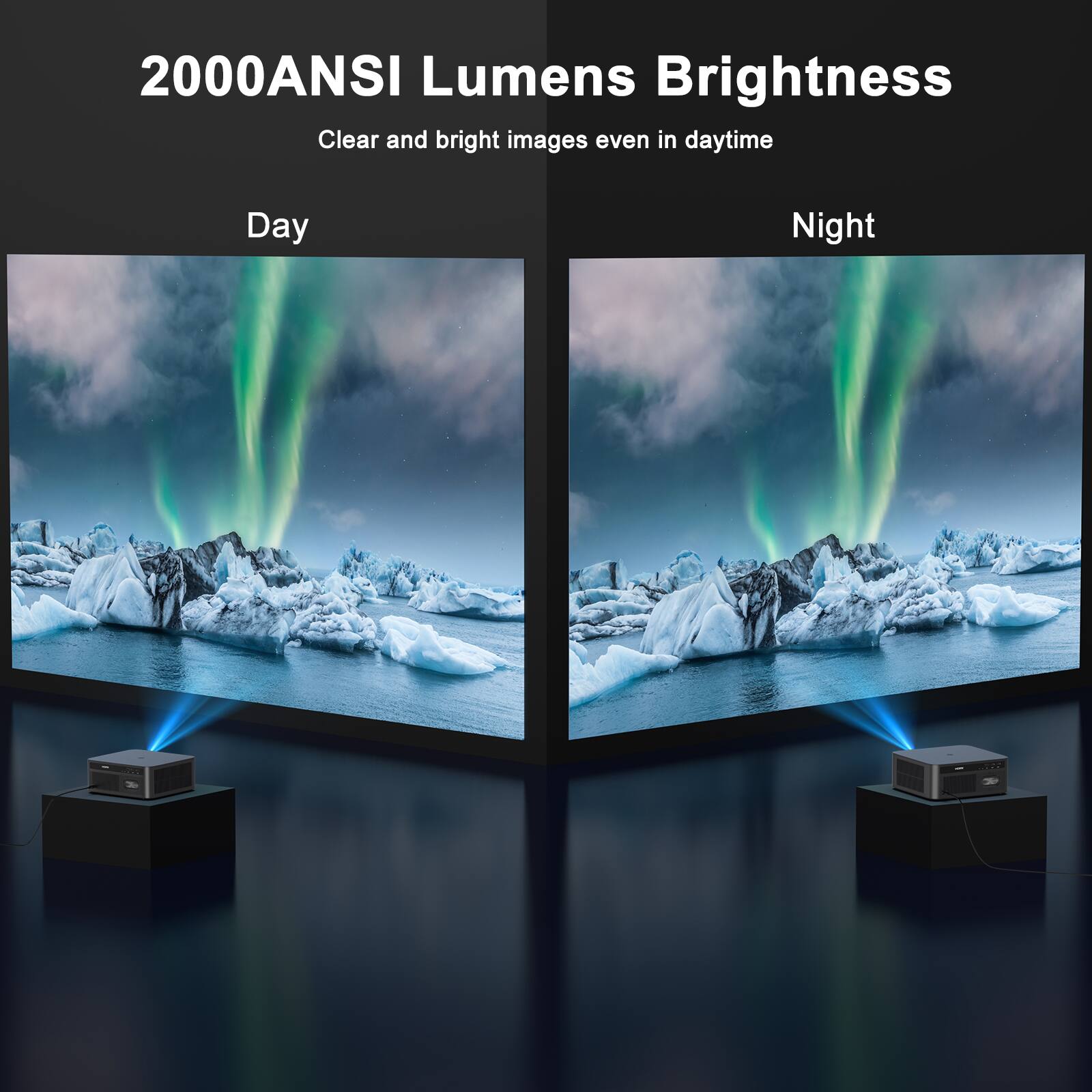 2000ANSI Lumens Brightness  
Clear and bright images even in daytime  

Day  
Night
