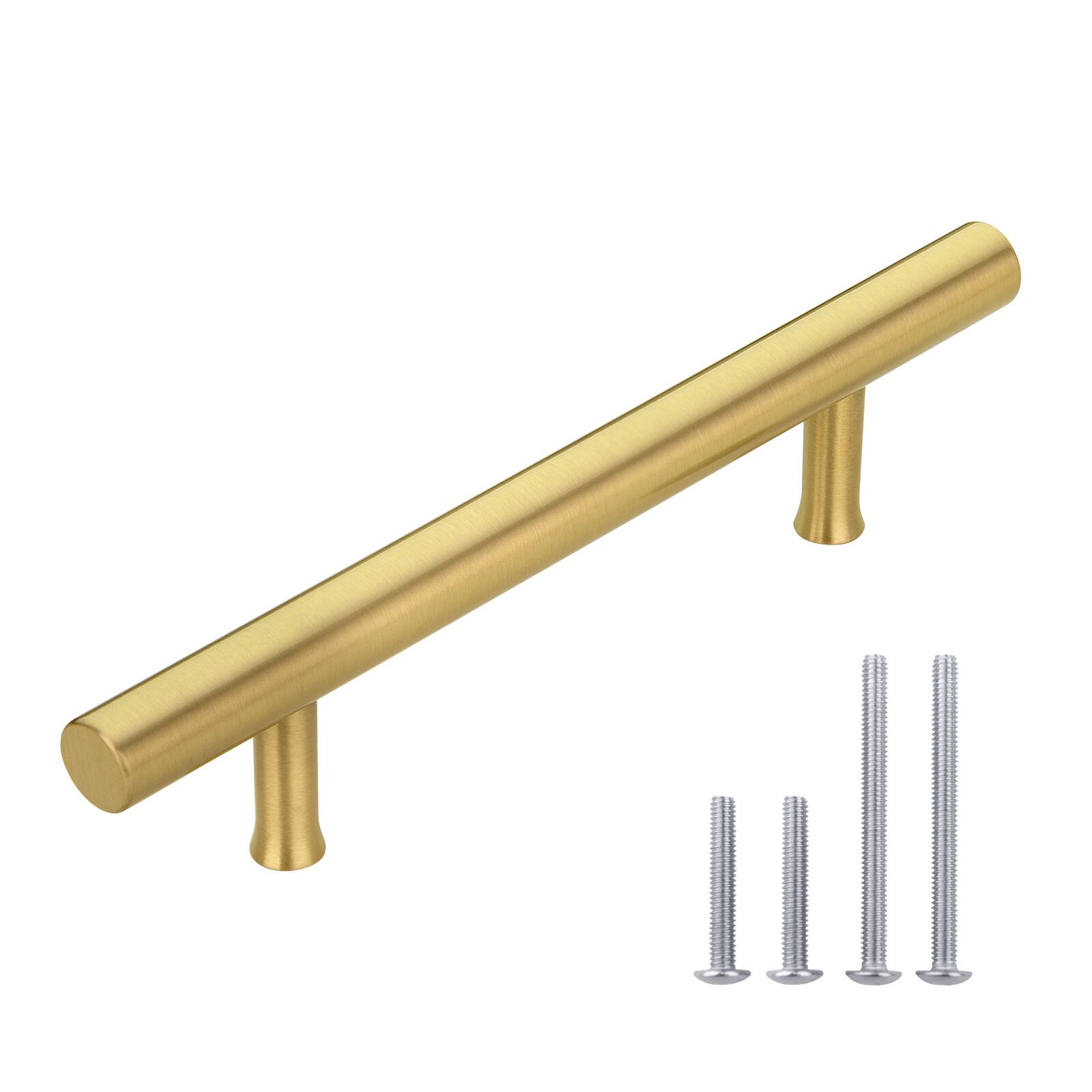 Angle. Akicon - Akicon Solid Brass 3-3/4 Inch Hole Center Kitchen Cabinet Handles Drawer Pull 5-Pack in Brushed Gold - Brushed Gold.