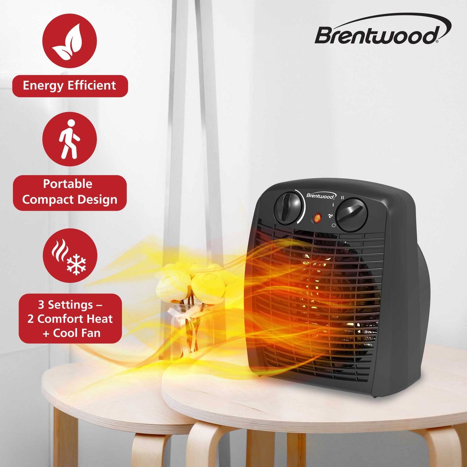 Brentwood Energy Efficient Portable Compact Design  
3 Settings - 2 Comfort Heat + Cool Fan