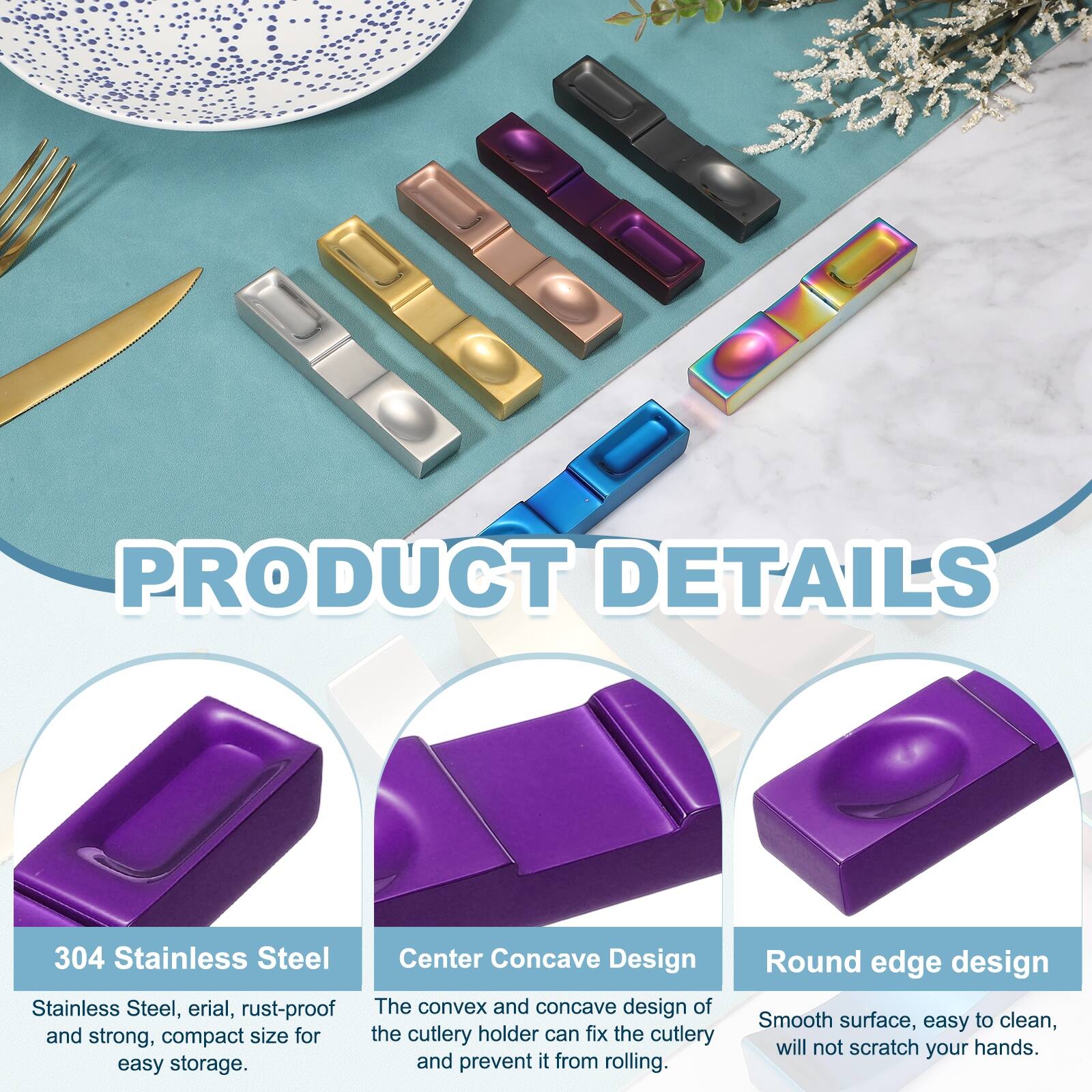 PRODUCT DETAILS

304 Stainless Steel
Stainless Steel, erial, rust-proof and strong, compact size for easy storage.

Center Concave Design
The convex and concave design of the cutlery holder can fix the cutlery and prevent it from rolling.

Round edge design
Smooth surface, easy to clean, will not scratch your hands.