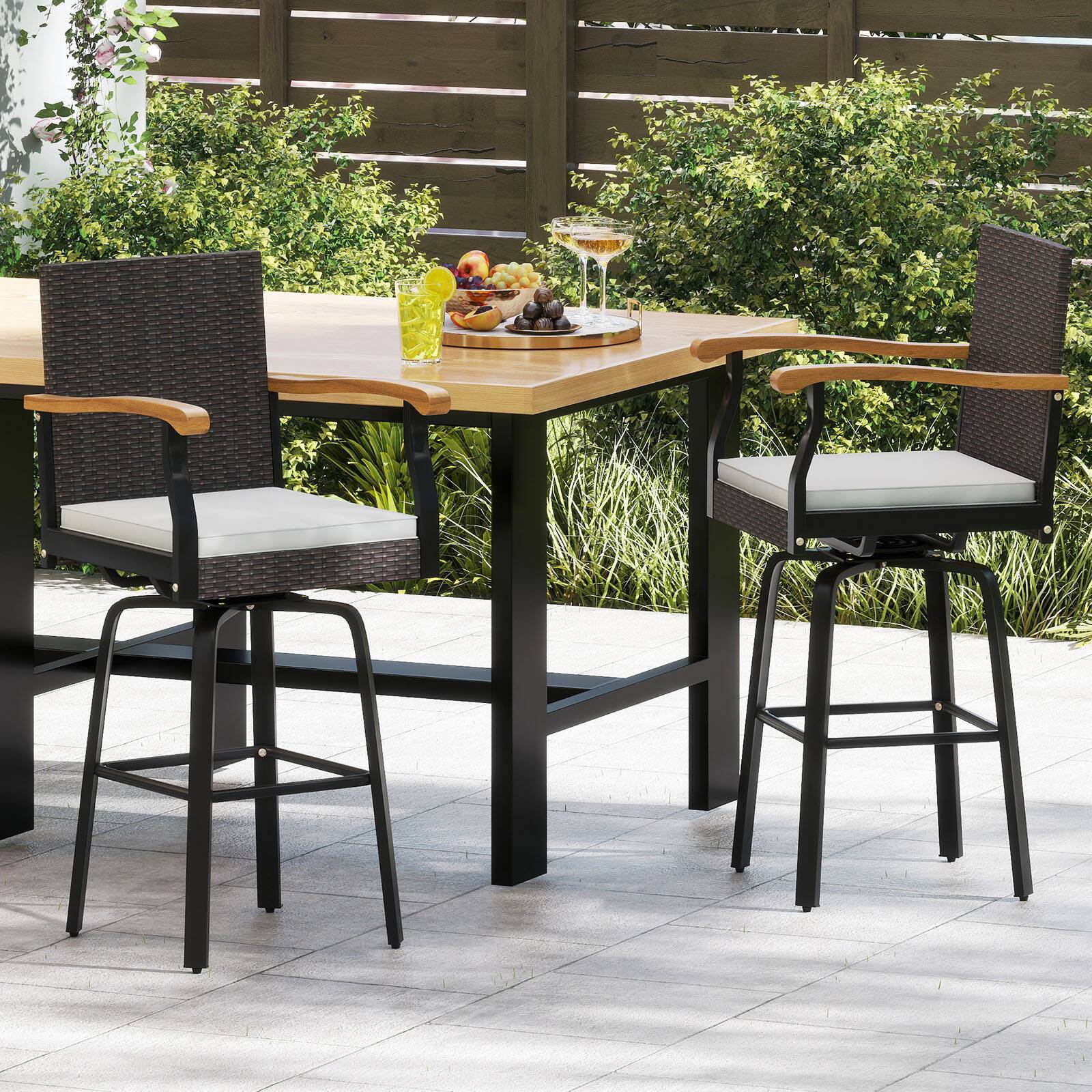 Alt View 4. Gymax - Gymax 4 PCS Outdoor Rattan 360 degree Swivel Bar Stool w/ Removable Cushion Footrests - White.