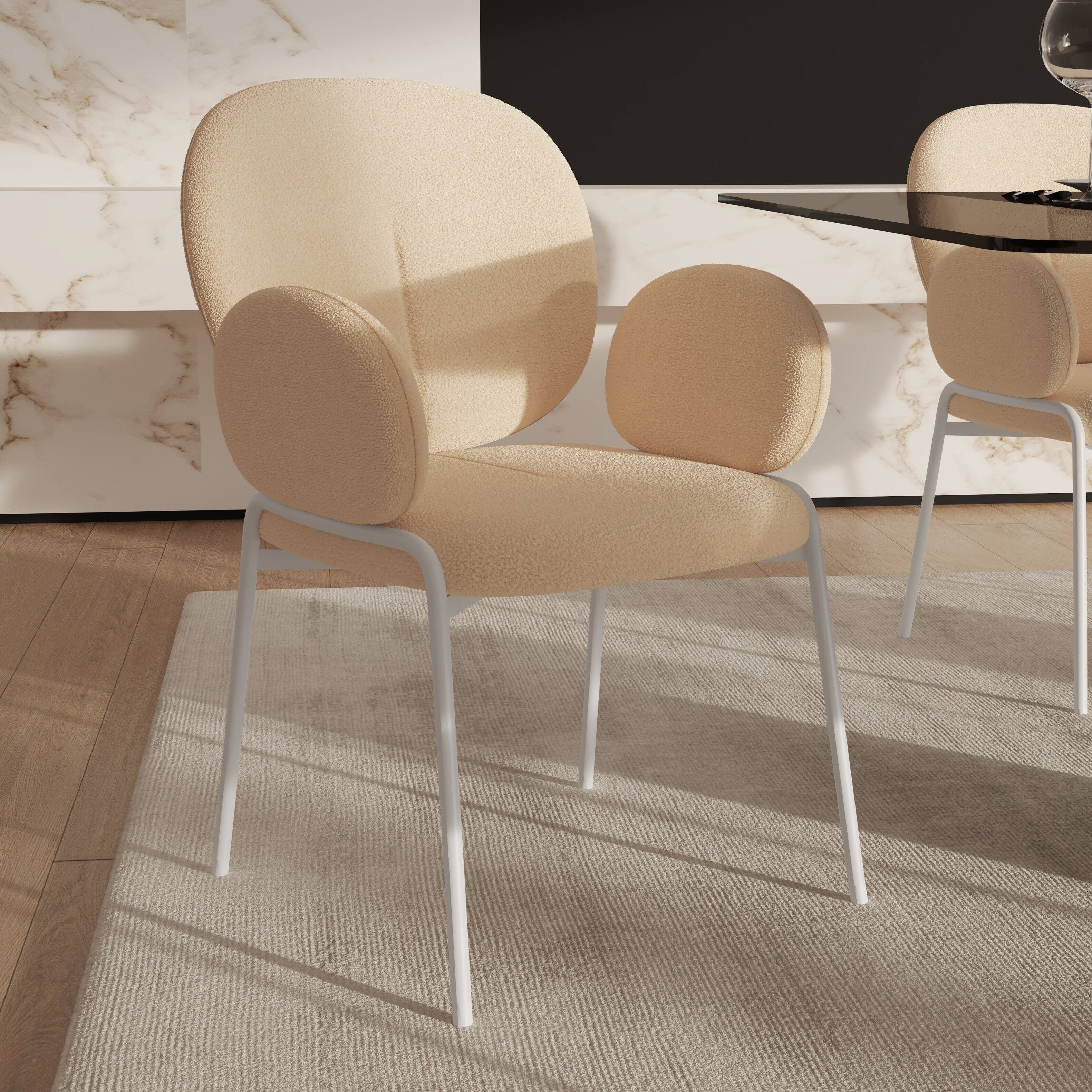 Angle. LeisureMod - Celestial Modern Boucle Dining Chair with Arms, Textured Fabric Upholstered Armchair - White Metal Frame Kitchen Chair - Beige.