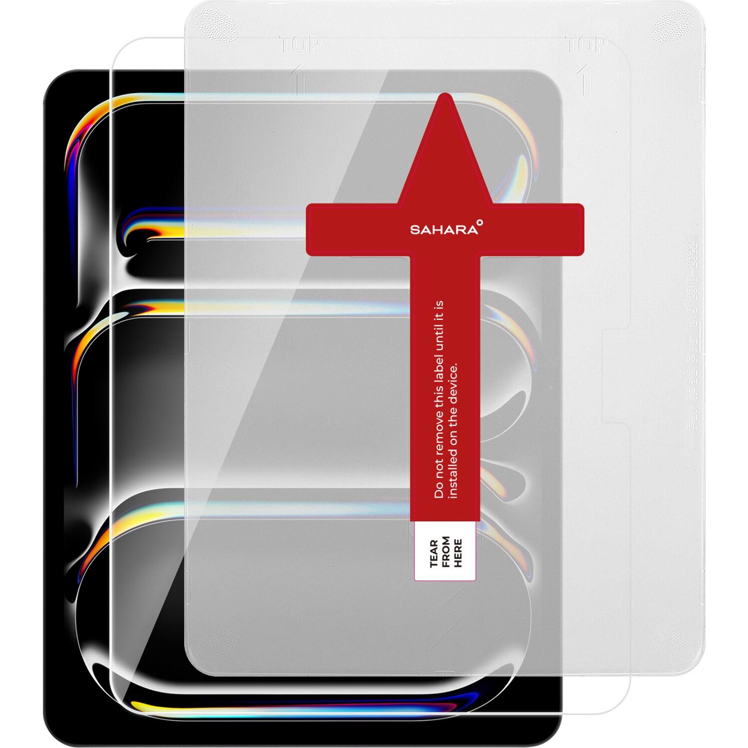 The image features a red arrow pointing towards a Sahara label. The label is attached to a clear plastic case, which is placed on top of a black case. The red arrow is pointing towards the Sahara label, indicating that it is the device label. The label is meant to be removed and placed on the device, and the arrow is there to guide the user to the correct location. The label is dated 2018, and the image is from 2022.