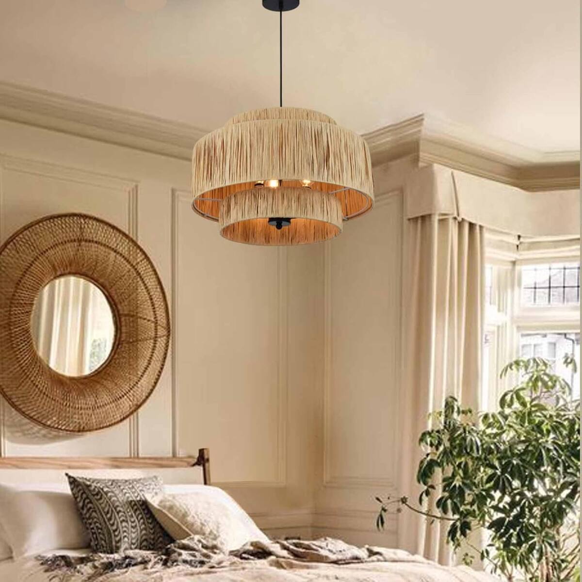 Alt View 4. Loheer - Loheer 3 Light Boho Chandelier with Natural Rattan Shade for Dining Room.