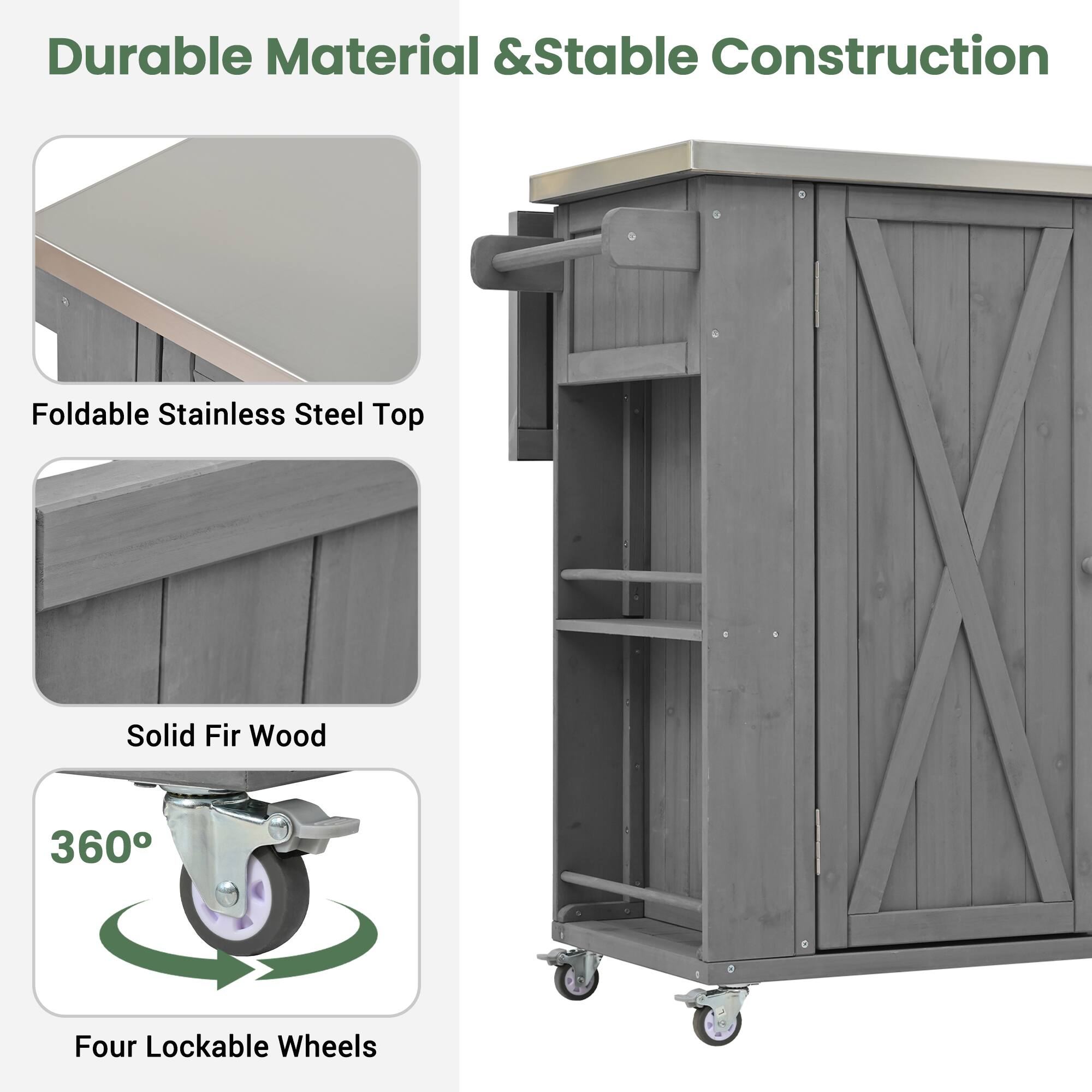 Durable Material & Stable Construction

Foldable Stainless Steel Top

Solid Fir Wood

360° Four Lockable Wheels
