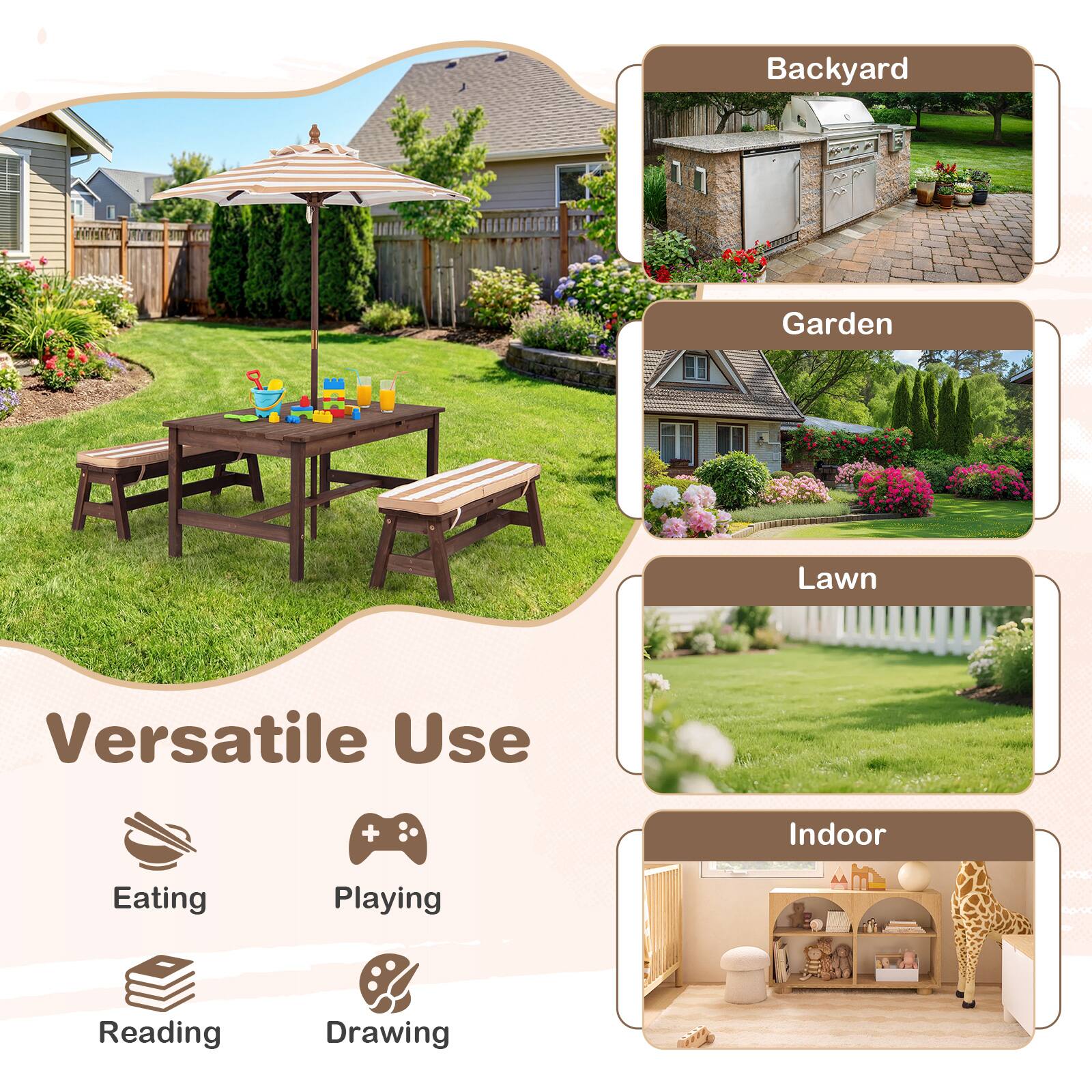 Backyard Garden Lawn Indoor  
Versatile Use  
Eating  
Playing  
Reading  
Drawing