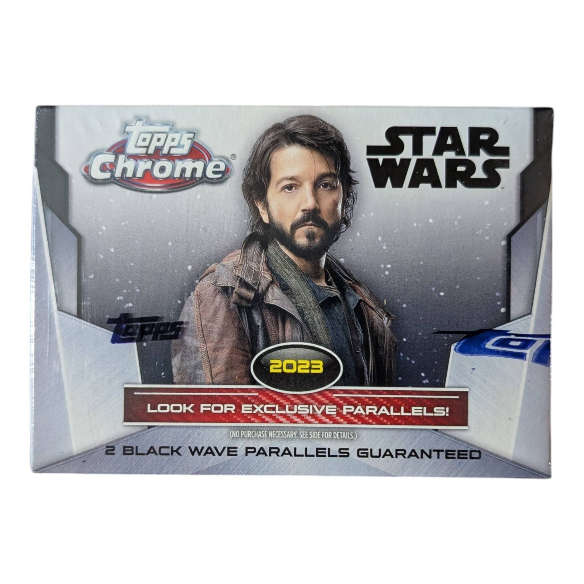 Topps Chrome  
STAR WARS  
2023  
LOOK FOR EXCLUSIVE PARALLELS!  
NO PURCHASE NECESSARY. SEE SIDE FOR DETAILS.  
2 BLACK WAVE PARALLELS GUARANTEED