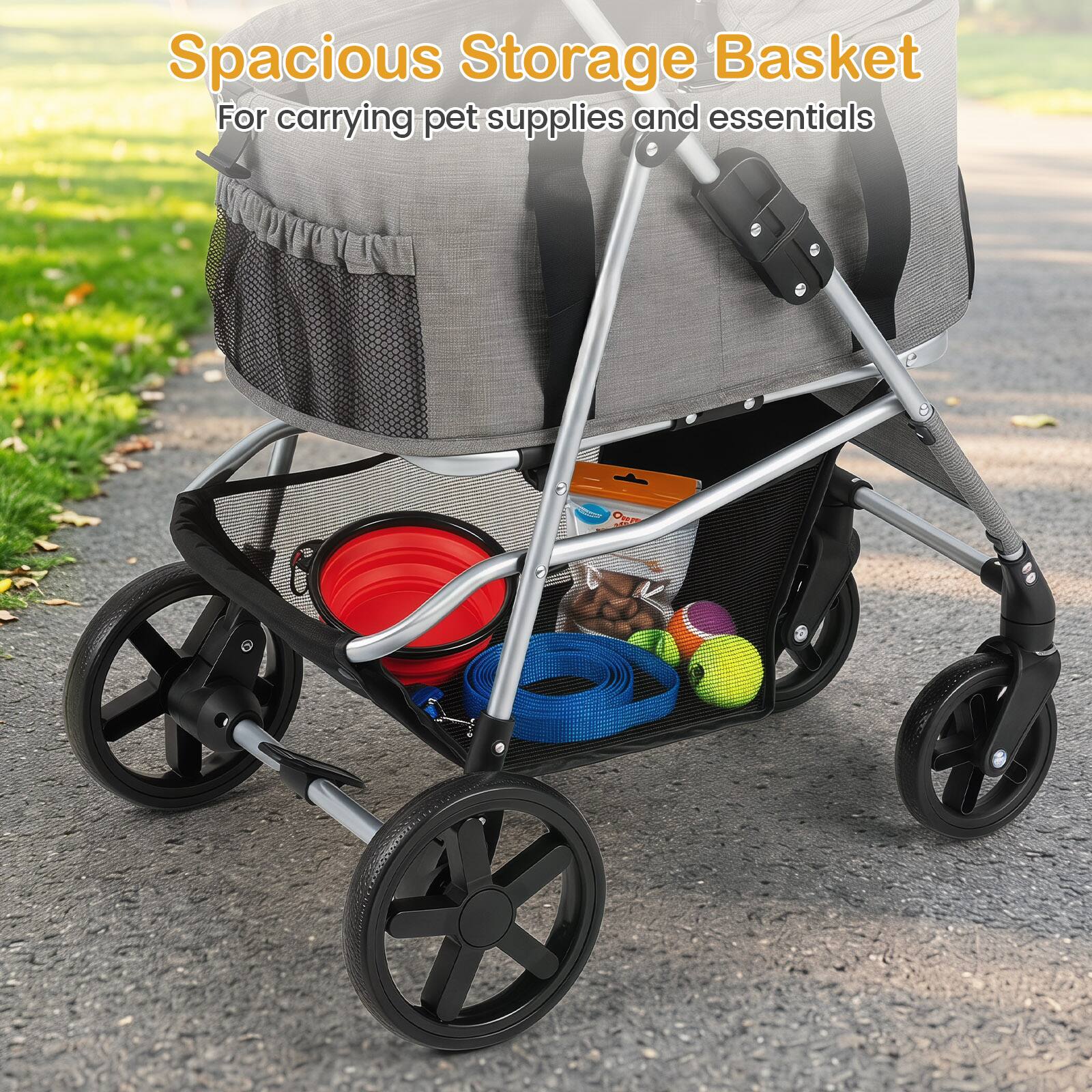 Spacious Storage Basket  
For carrying pet supplies and essentials
