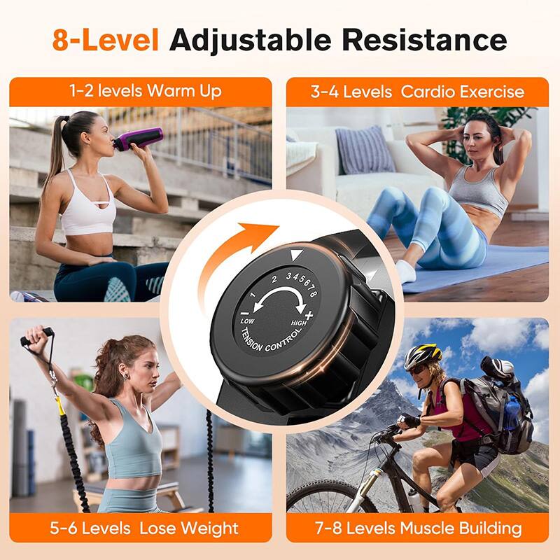 8-Level Adjustable Resistance

1-2 levels Warm Up

3-4 Levels Cardio Exercise

5-6 Levels Lose Weight

7-8 Levels Muscle Building