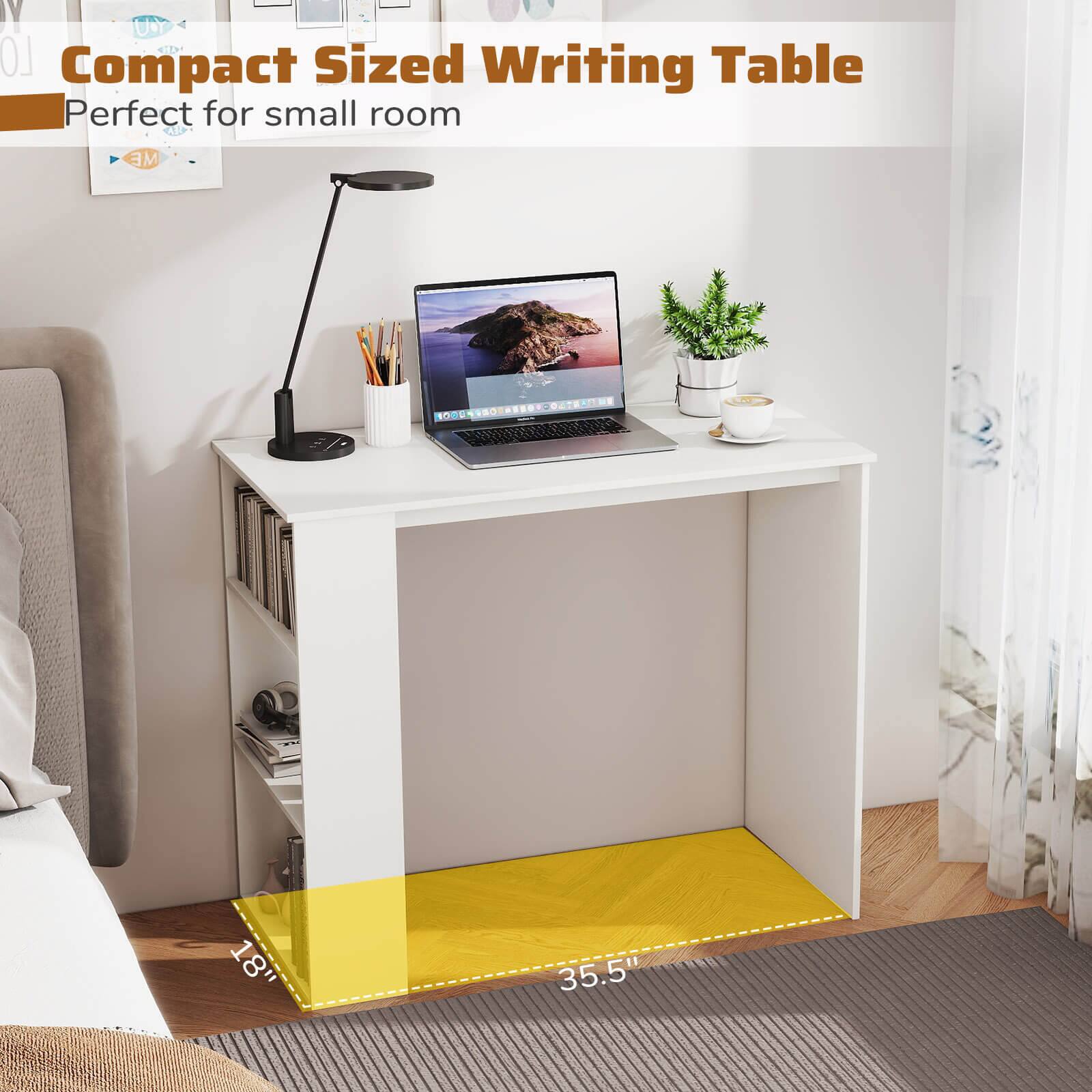 The text on the image reads: "Compact Sized Writing Table Perfect for small room."