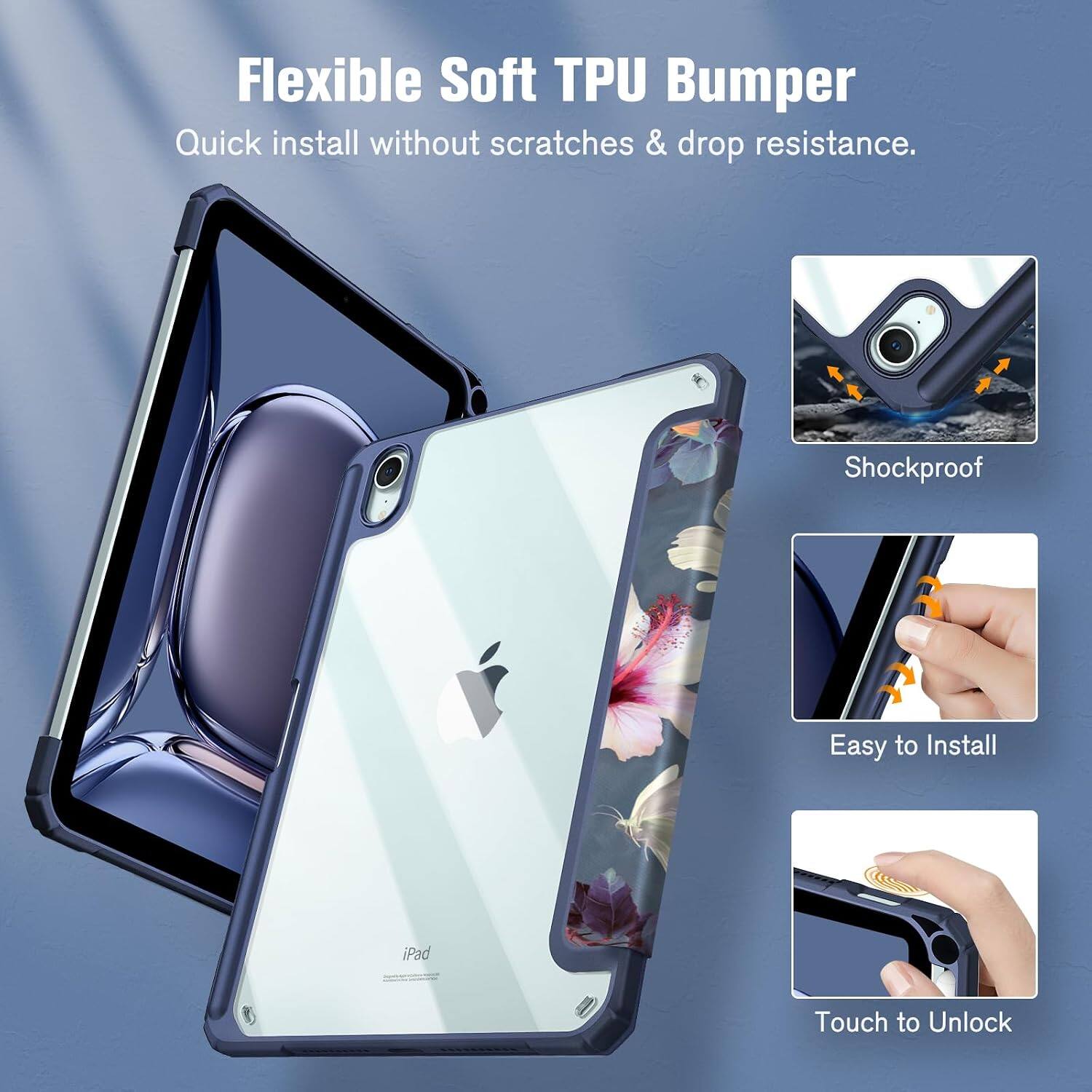 Flexible Soft TPU Bumper  
Quick install without scratches & drop resistance.  
Shockproof  
Easy to Install  
iPad  
Touch to Unlock