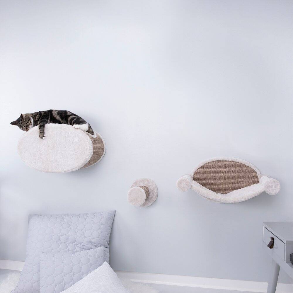 Left. TRIXIE - Liam Multi-Level Wall Mounted Cat Perch-Lounge Set - Light Gray/Brown.