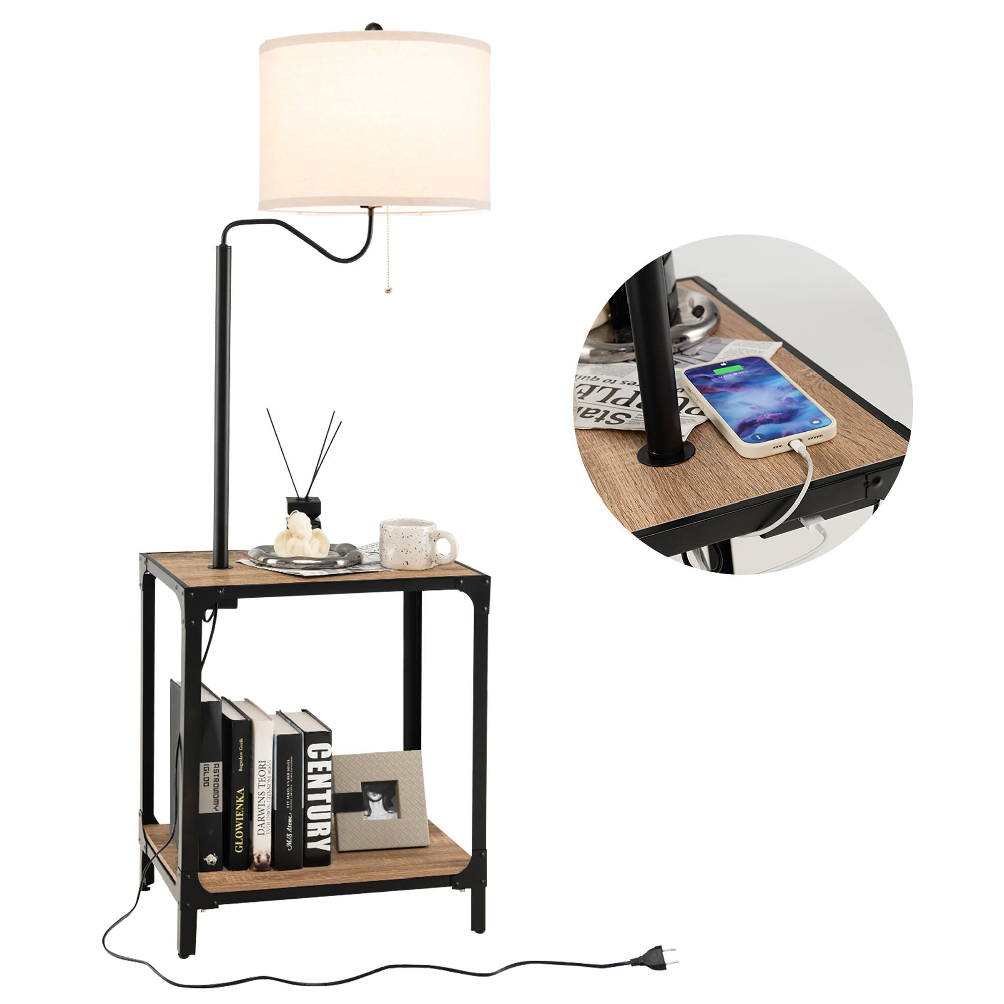 Costway - Floor Lamp with End Table and USB Charging Ports 360° Rotatable Lamp Arm - Black,Brown