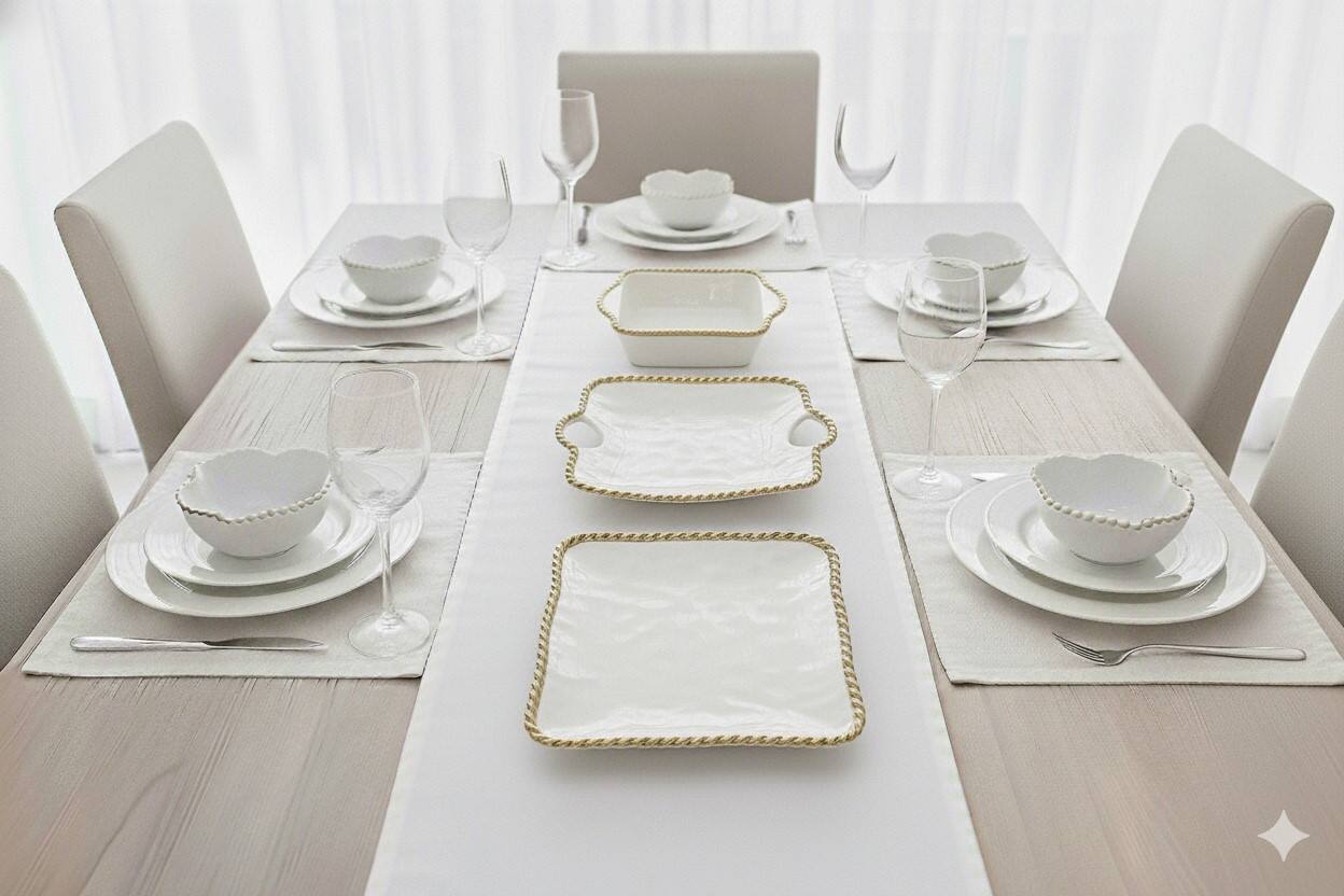 Left. Jiallo - 9" Contemporary Gold Rope Square Appetizer Plate – Modern Decorative Serving Plate with Rope‑Style Rim - White.