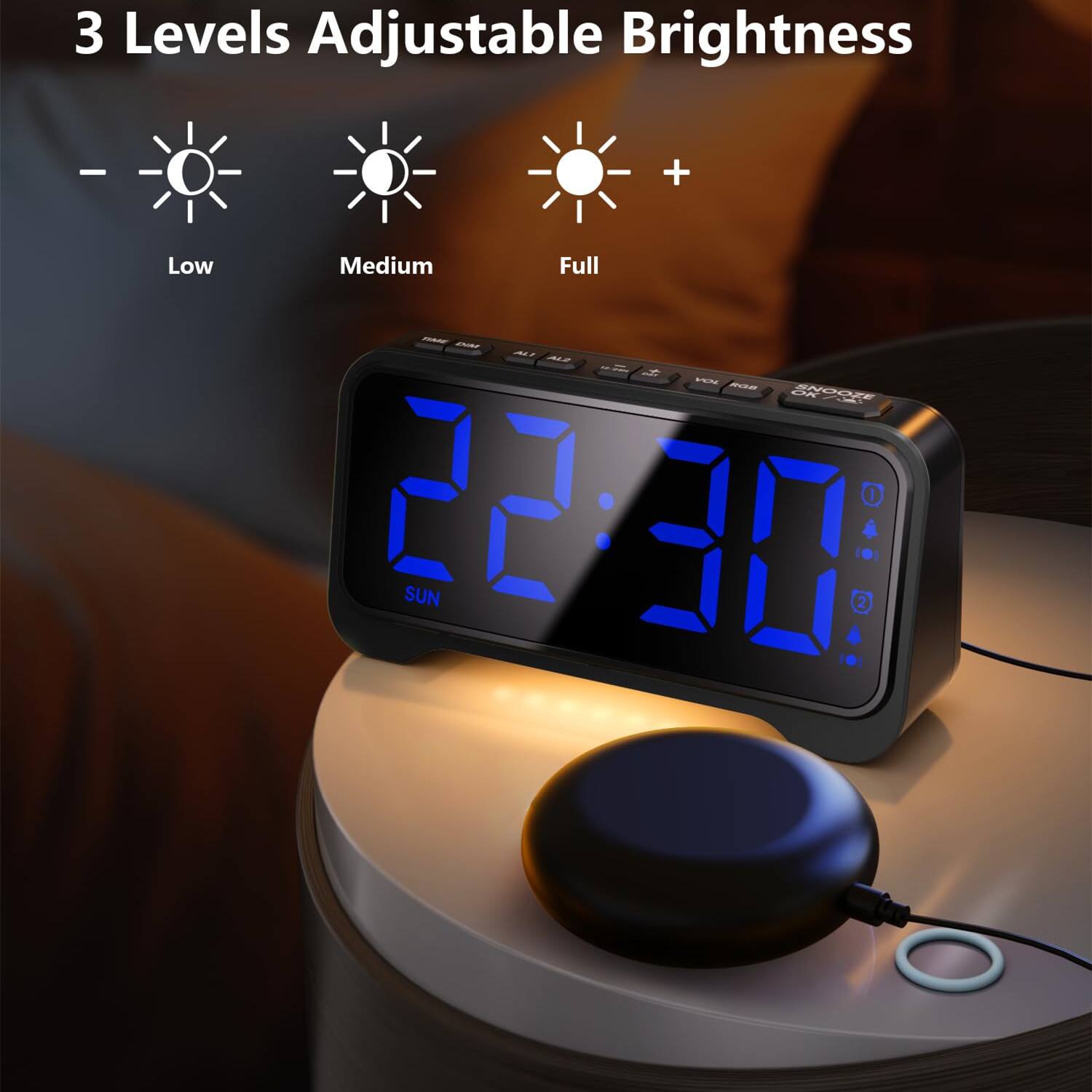 3 Levels Adjustable Brightness

- Low
- Medium
- Full

22:30

SUN