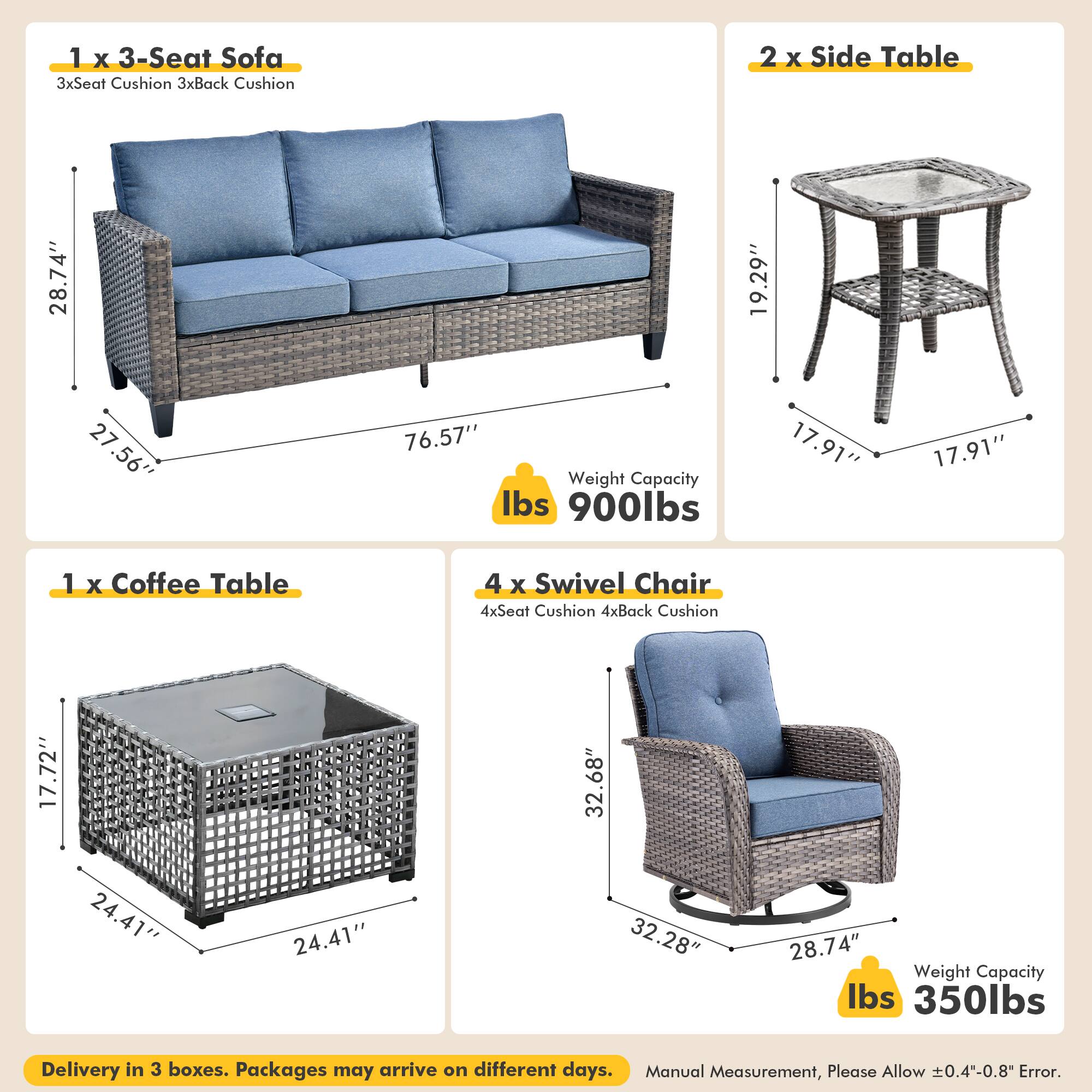Alt View 1. Ovios - 8 PCS Patio Furniture, 3 Seat Sofa with Coffee Table, Swivel Chairs with Side Table for Yard - Denim Blue.