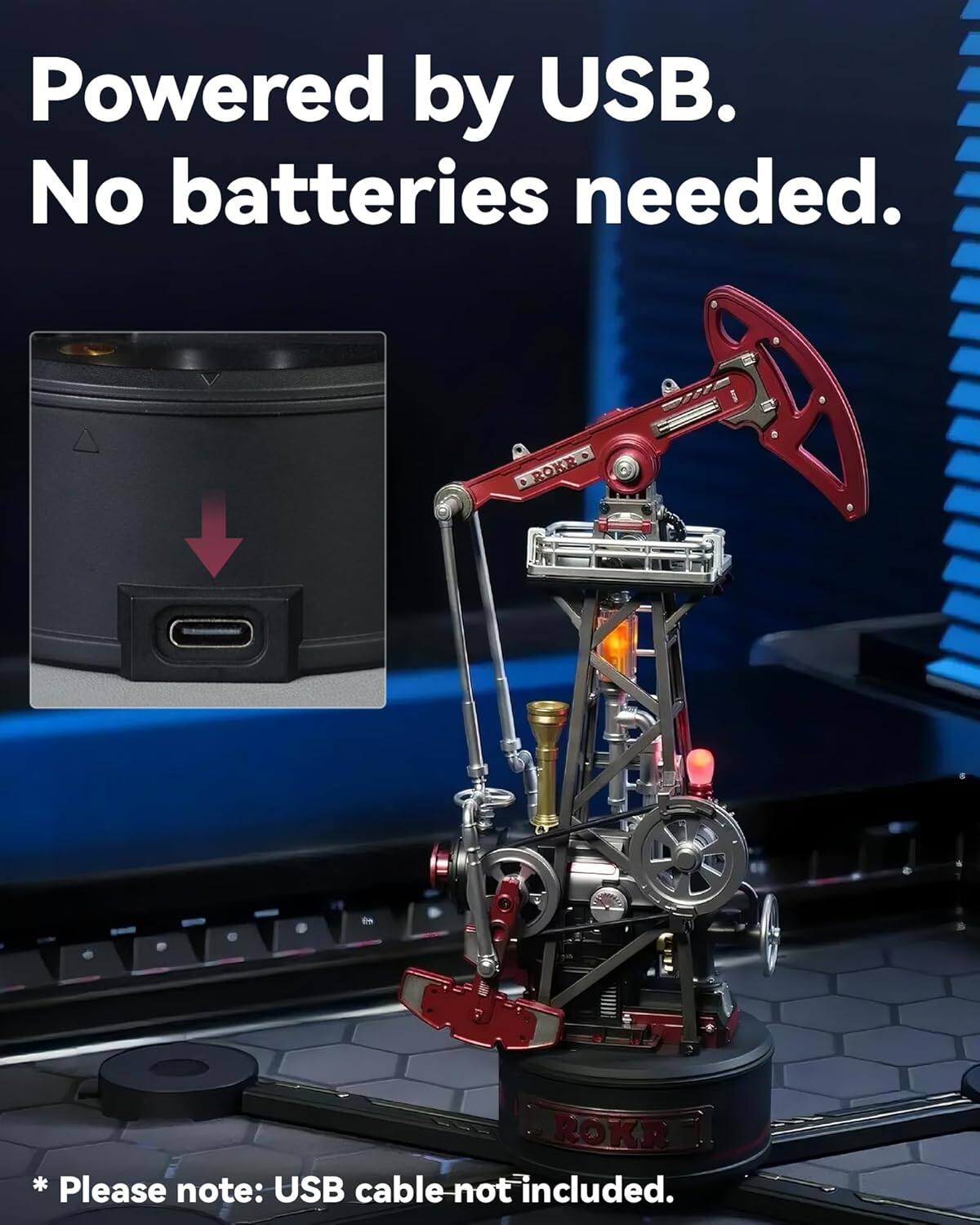 Powered by USB.  
No batteries needed.  

*Please note: USB cable not included.