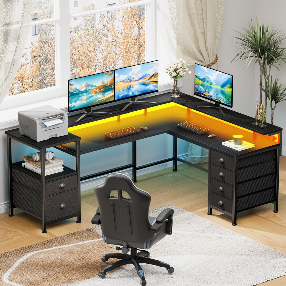 Furnulem - 66 In LShaped Gaming Desk with LED Lights Power Outlets Monitor Stand 6 Fabric Storage Cabinets for Home Office - Black