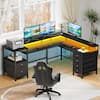 Front. Furnulem - 66 In LShaped Gaming Desk with LED Lights Power Outlets Monitor Stand 6 Fabric Storage Cabinets for Home Office - Black.