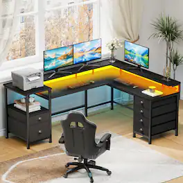 Furnulem - 66 In LShaped Gaming Desk with LED Lights Power Outlets Monitor Stand 6 Fabric Storage Cabinets for Home Office - Black