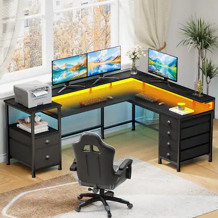 Front. Furnulem - 66 In LShaped Gaming Desk with LED Lights Power Outlets Monitor Stand 6 Fabric Storage Cabinets for Home Office - Black.
