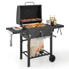 Costway - Outdoor Charcoal Grill 391 sq.in. Cooking Area 2 Foldable Side Table BBQ Camping - Black
