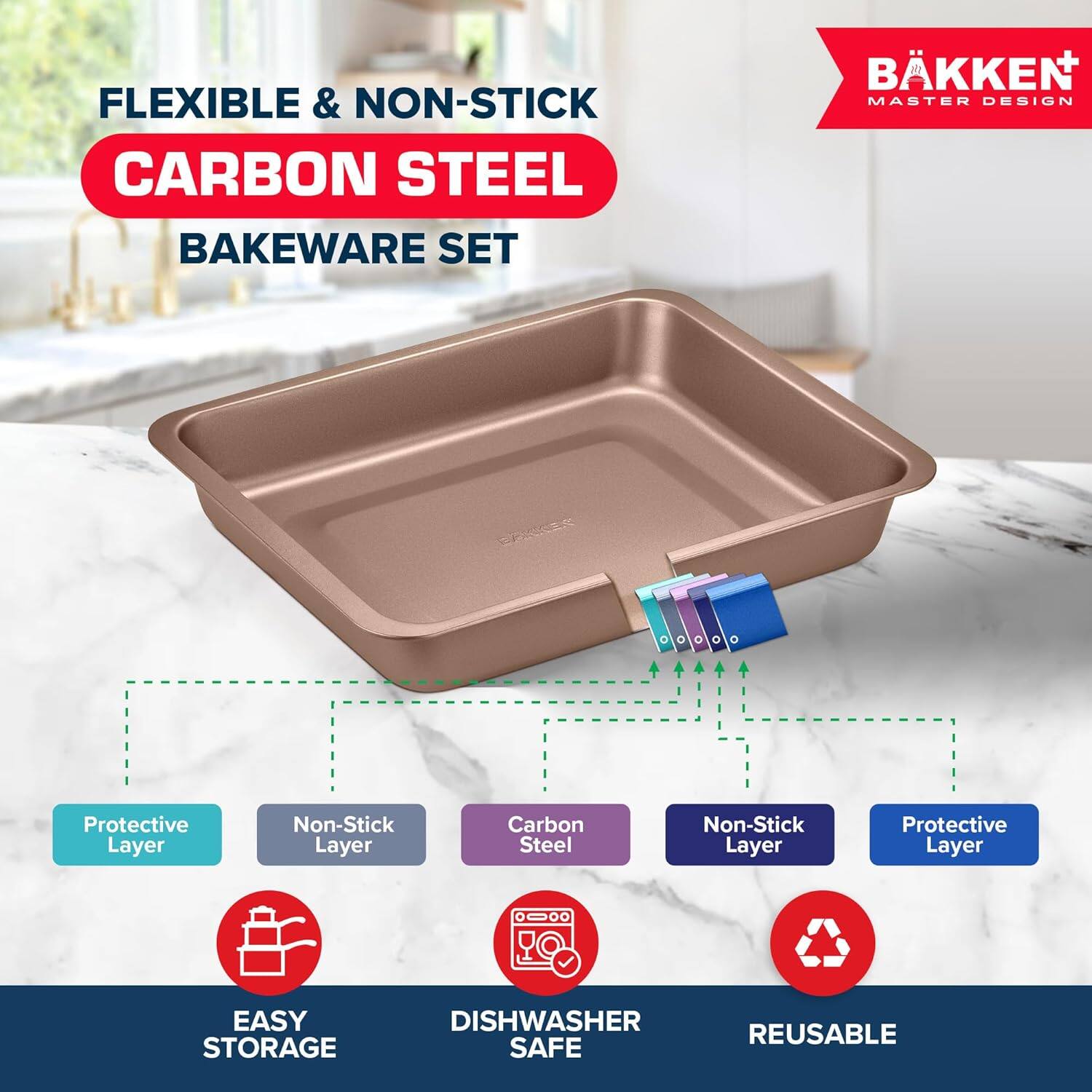FLEXIBLE & NON-STICK CARBON STEEL BAKEWARE SET BKKEN  MASTER DESIGN
Protective Layer
Non-Stick Layer
Carbon Steel
Non-Stick Layer
Protective Layer
EASY STORAGE
DISHWASHER SAFE
REUSABLE