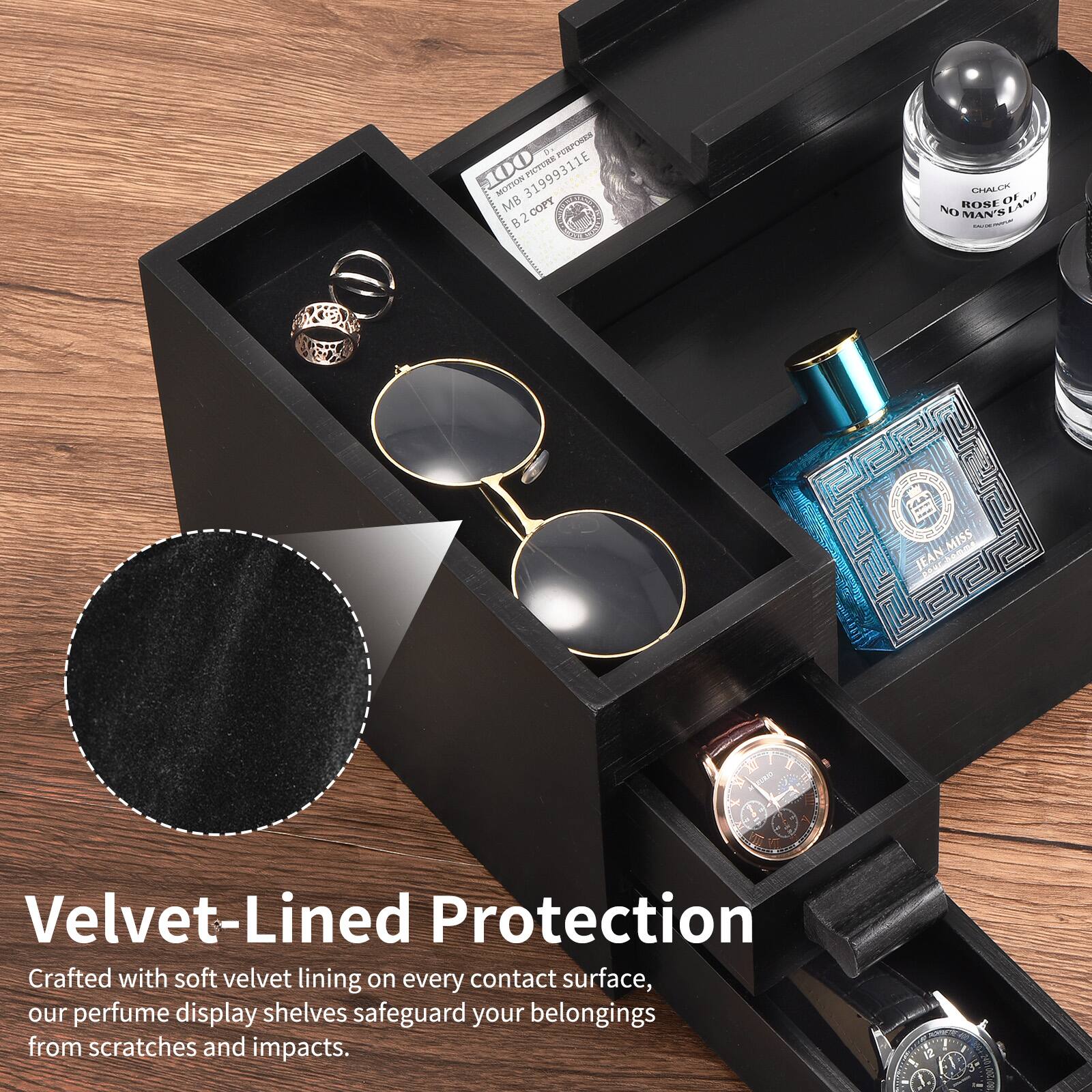 a PPOI 100 31999311E PITORE MMOTN MB COPY a 2 UWEN ROSE OF LAND NC MAN'H JEAN-MISS MISS 1 1 Si

Velvet-Lined Protection
Crafted with soft velvet lining on every contact surface, our perfume display shelves safeguard your belongings from scratches and impacts.