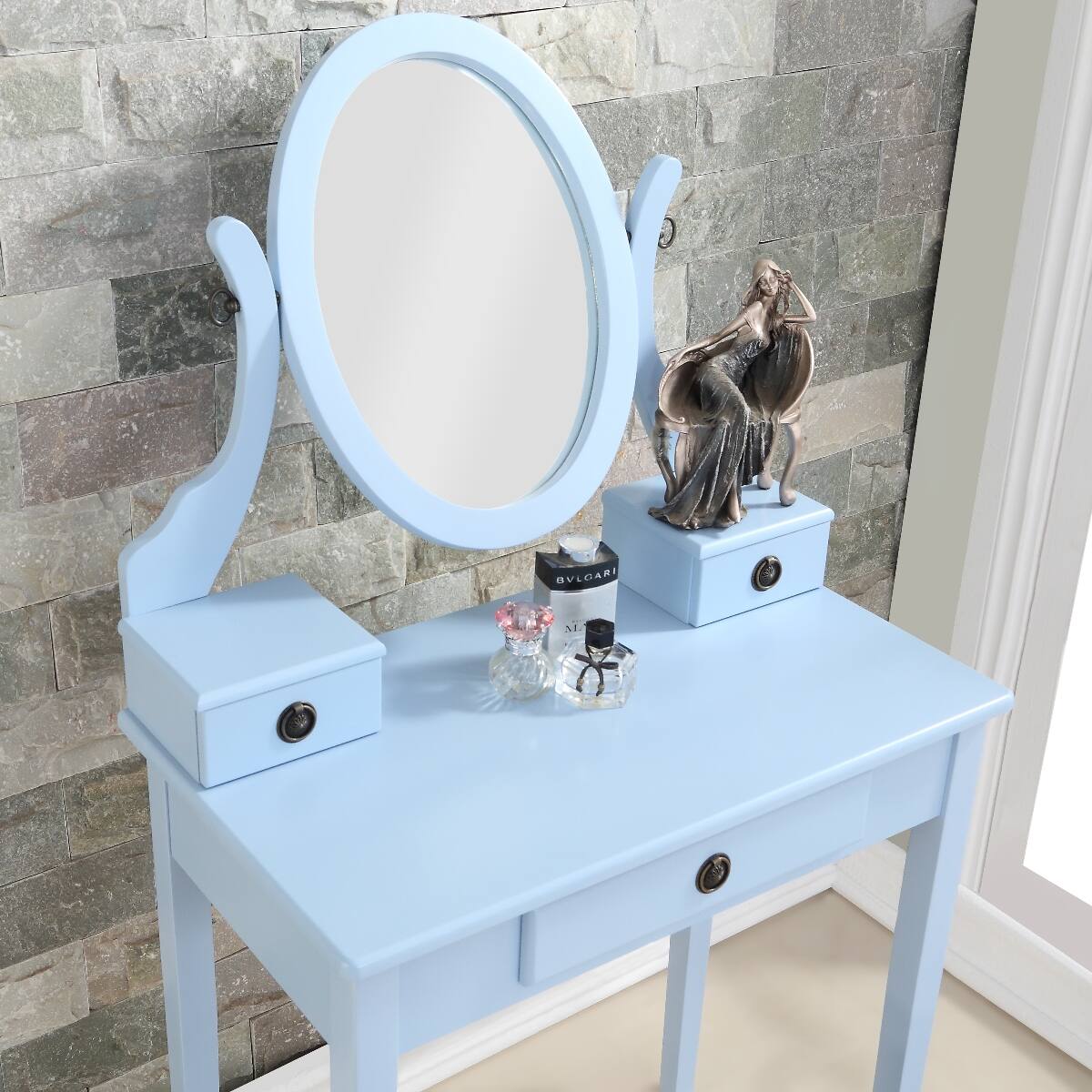 Angle. Loheer - Loheer Blue Makeup Vanity Table Set with Adjustable Oval Mirror and Padded Stool - Blue.
