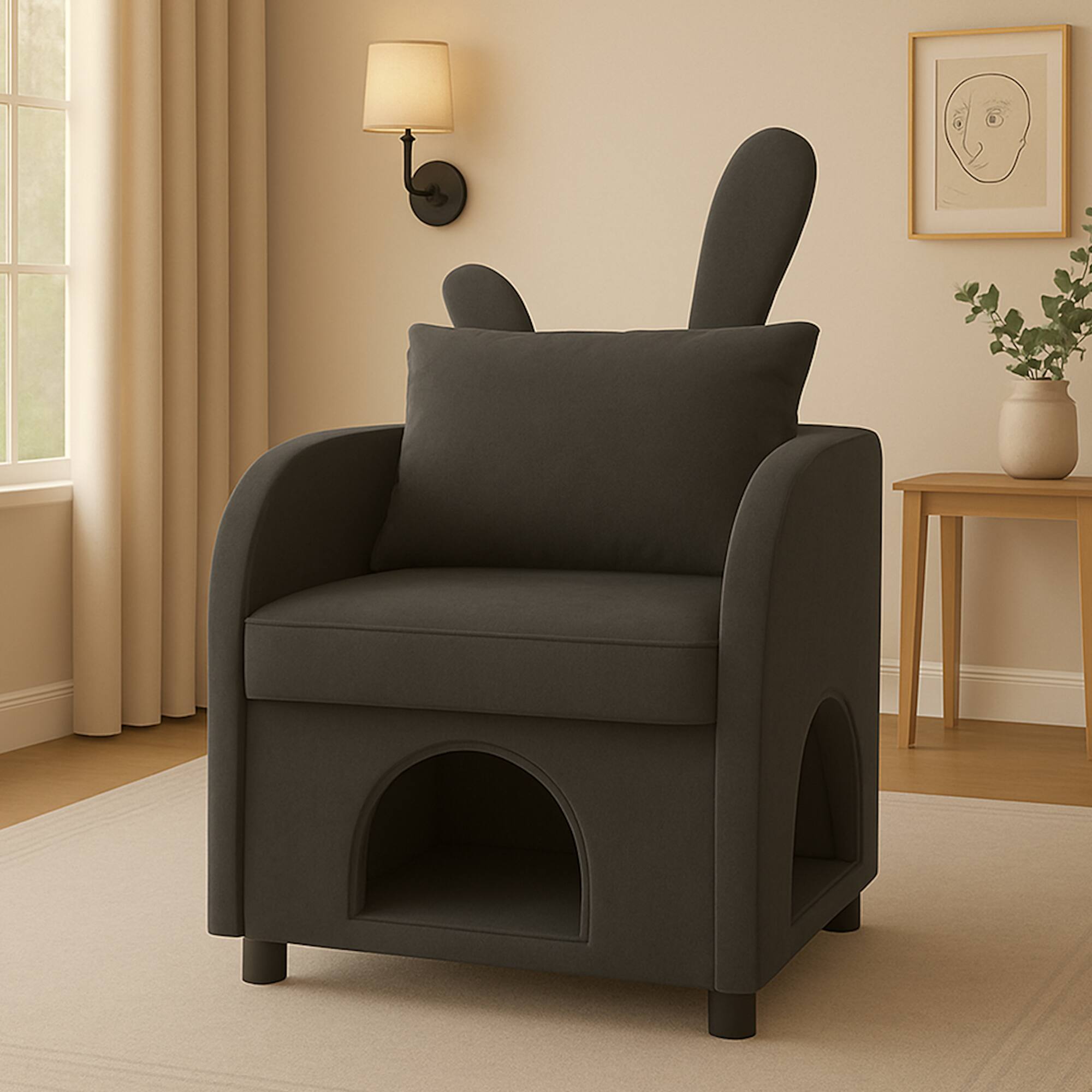 GOODSILO - Pet-Friendly Armchair with Hideaway Compartment and Bunny-Ear Design for Small Animals and Compact Living Spaces - Dark Gray