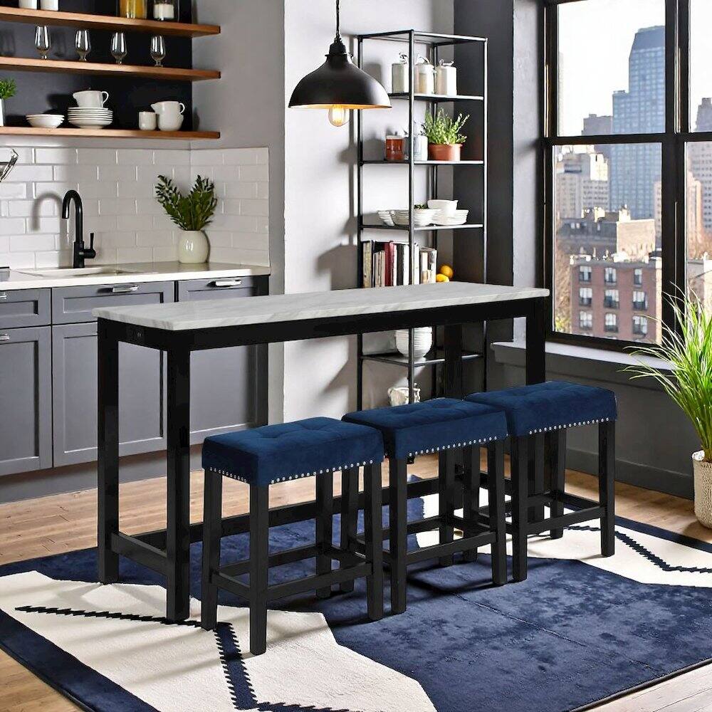 Angle. FurniFact - Blue Bar Table Set – Console Table with Stools for Kitchen or Lounge - Blue.