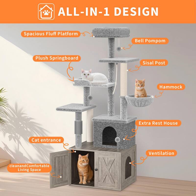 ALL-IN-1 DESIGN

- Spacious Fluff Platform
- Plush Springboard
- Bell Pom Pom
- Sisal Post
- Hammock
- Extra Rest House
- Cat entrance
- Ventilation
- Clean and Comfortable Living Space