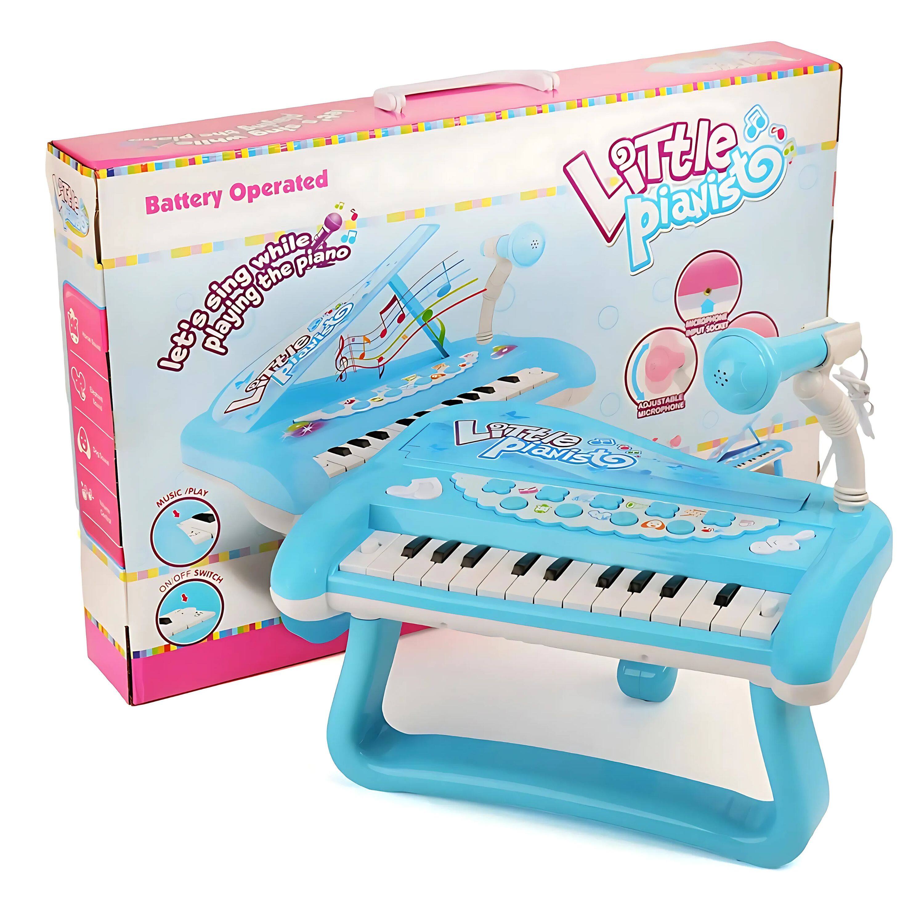 Sure, here is the corrected and grouped text from the image:

---

**Little Pianist**

- Battery Operated
- Let's sing while playing the piano
- MUSIC/PLAY
- ON/OFF SWITCH
- DURABLE MICROPHONE
- MUSIC SCOOT

---

This text is taken from the packaging and the toy itself.