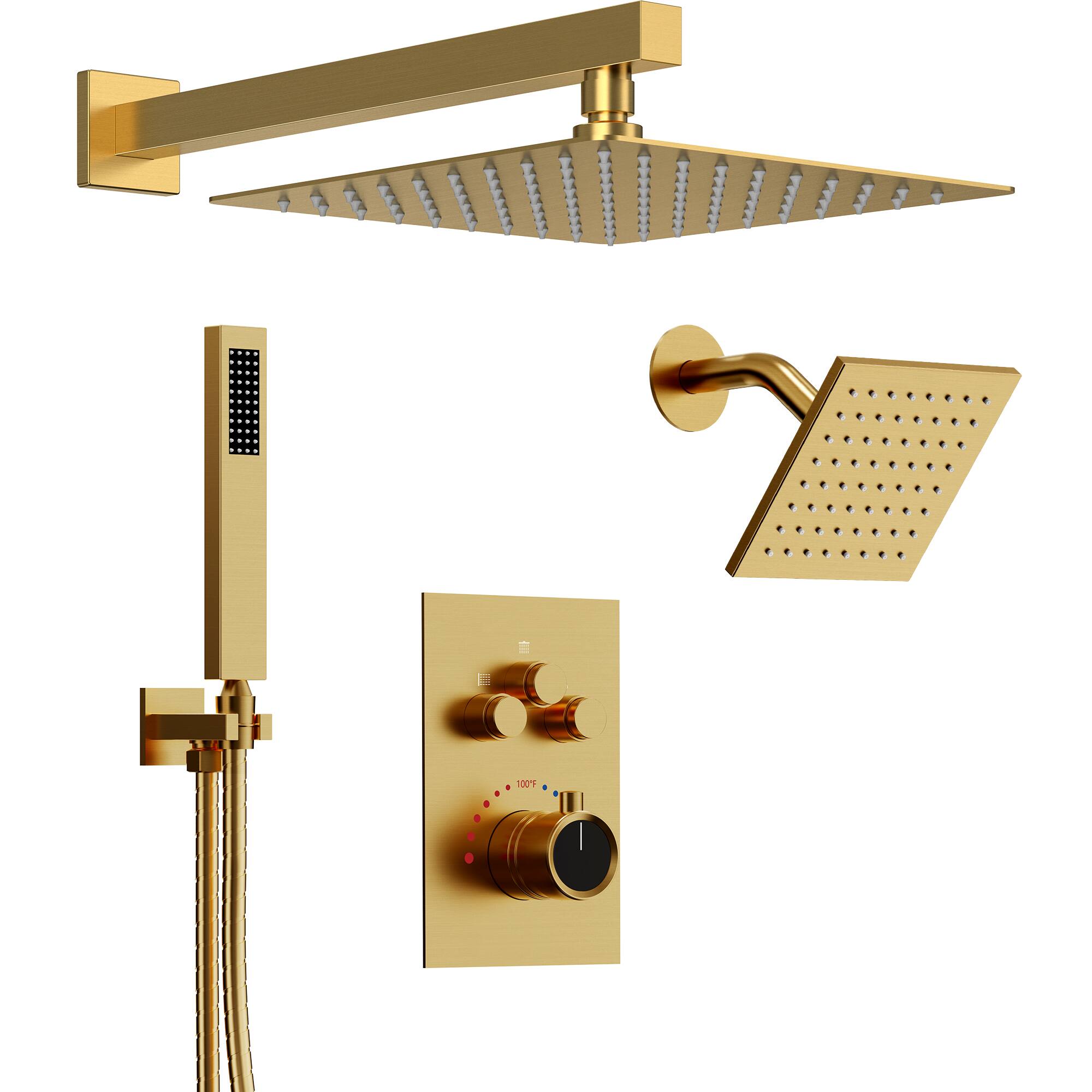 GRANDJOY - 12" Dual Rain Shower System with Handheld Shower, Thermostatic Valve and 3 Function Diverter Faucet Set - Brushed Gold