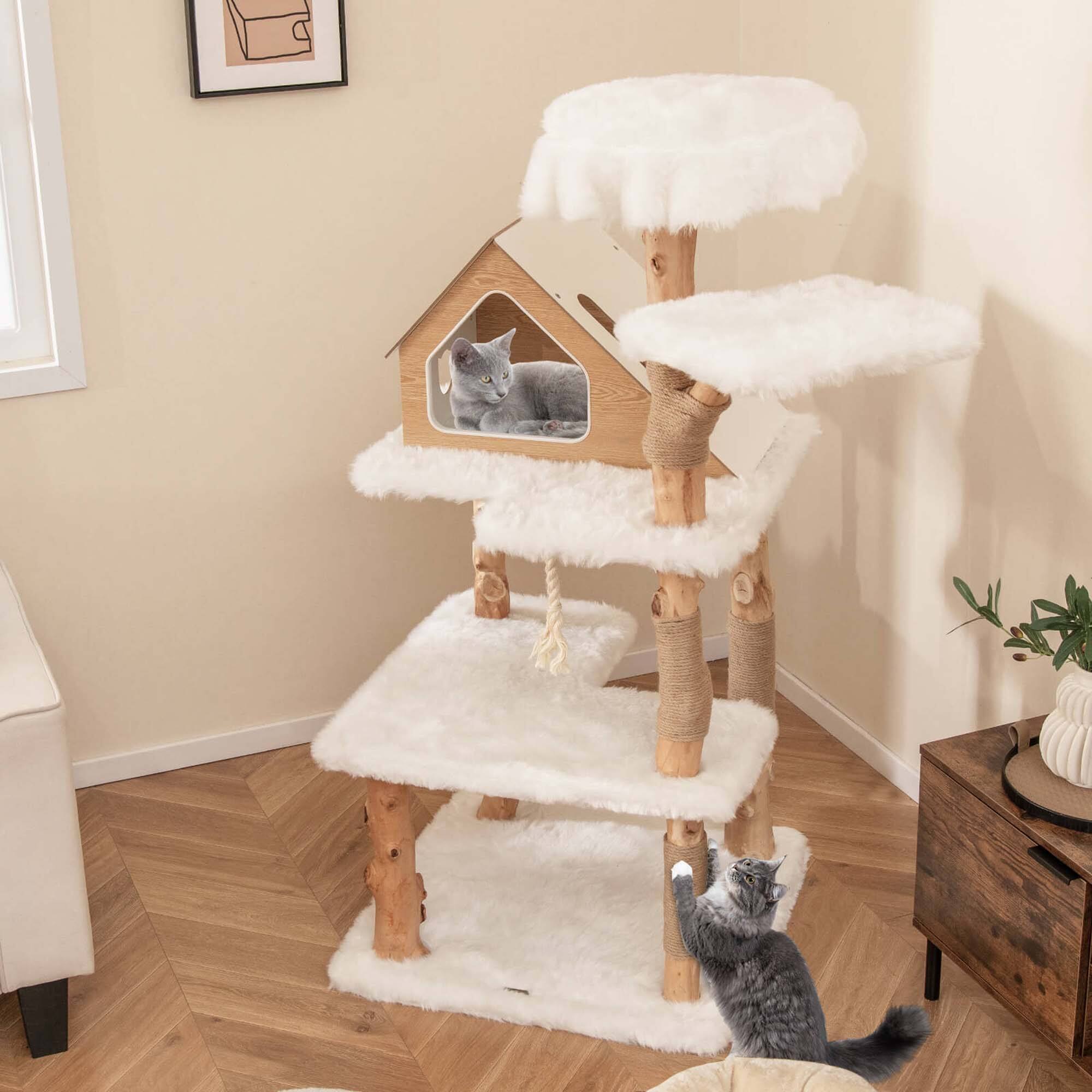 Alt View 4. Costway - Costway 60" Tall Solid Wood Cat Tree with 2 Perches Condo Jute Scratching Posts Sisal Rope - Beige.