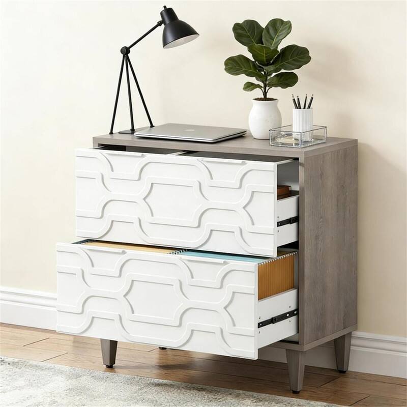 Alt View 3. HTUTWOO - Wood Storage Cabinet - File Cabinet with Drawer, Adjustable Stainless Steel Rods for Legal, Particle Board & Steel - Gray+White.
