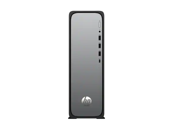 Front. HP - HP OmniDesk Desktop Intel Core i5 14th gen, 16 GB;512 GB SSD Windows 11 Home - Meteor silver, jack black chassis.