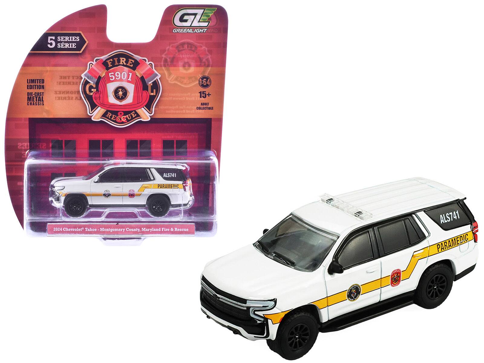 SERIES 5 SÉRIE  
FIRE 5901  
LIMITED EDITION  
DIE-CAST METAL CHASSIS  
1:64  
15+  
ADULT COLLECTIBLE  
GREENLIGHT  
2024 Chevrolet Tahoe - Montgomery County, Maryland Fire & Rescue  
ALS741 PARAMEDIC
