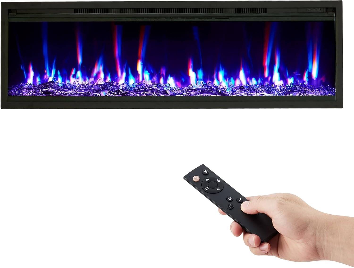 Front. Qeetex - 60" Ultra-Thin Electric Fireplace, Wall Mounted, 12 Flame Colors, 750W/1500W Heater, Energy Efficient - Black.