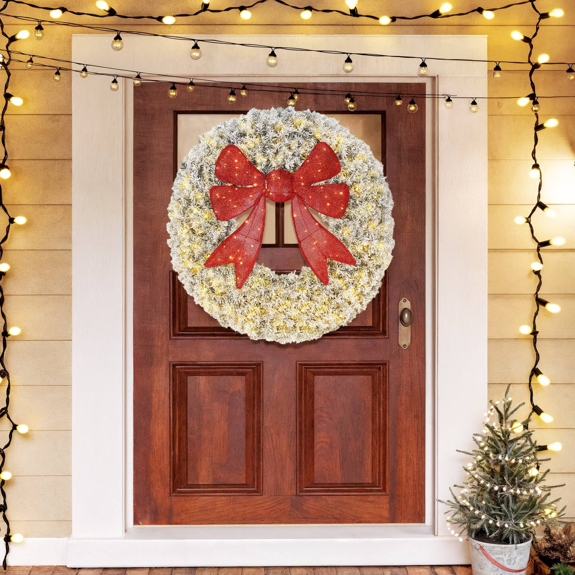 Alt View 7. Homcom - 36in Flocked Pre-Lit Xmas Wreath, 3D Red Bow, 11 Modes, Remote, 140 LEDs, 300 Tips, Indoor Outdoor - Green.