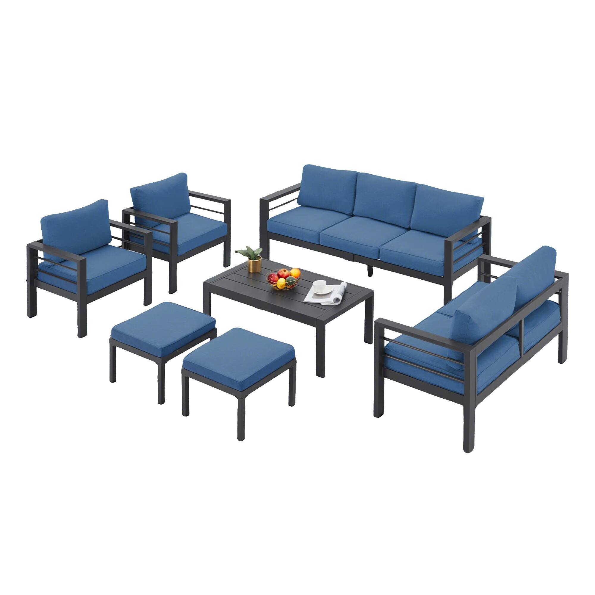 Alt View 4. Mondawe - 7-Piece Patio Seating Set with Black Frame and Removable Cushions - Blue+Black.