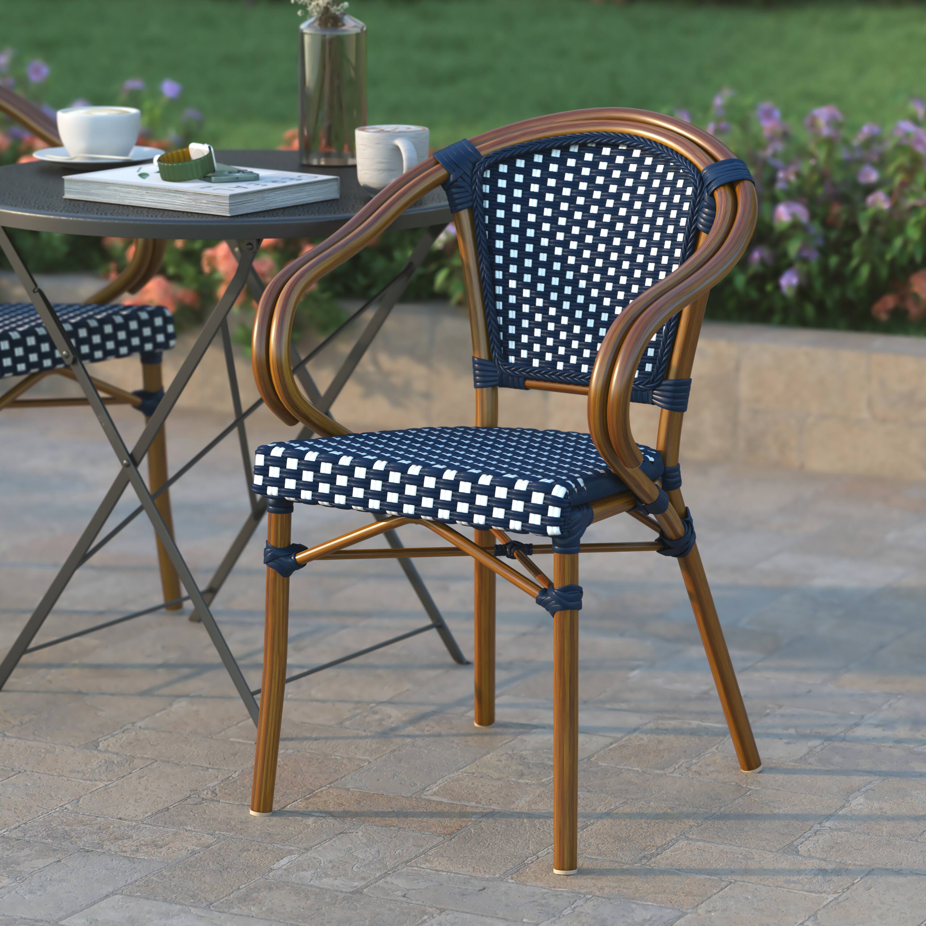 Alt View 4. Emma + Oliver - Colmar Set of Two Indoor/Outdoor Stacking Thonet Bistro Style Chairs with Arms, PE Rattan Seat and Metal Frame - Black & White/Black Frame.