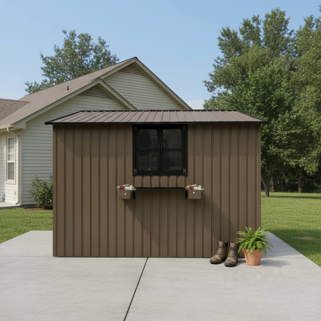 Left. Anysun - 10x8 FT Outdoor Metal Storage Shed with Window & Flower Rack – Lockable Double Doors Tool Shed, Waterproof Weatherproof - Brown.