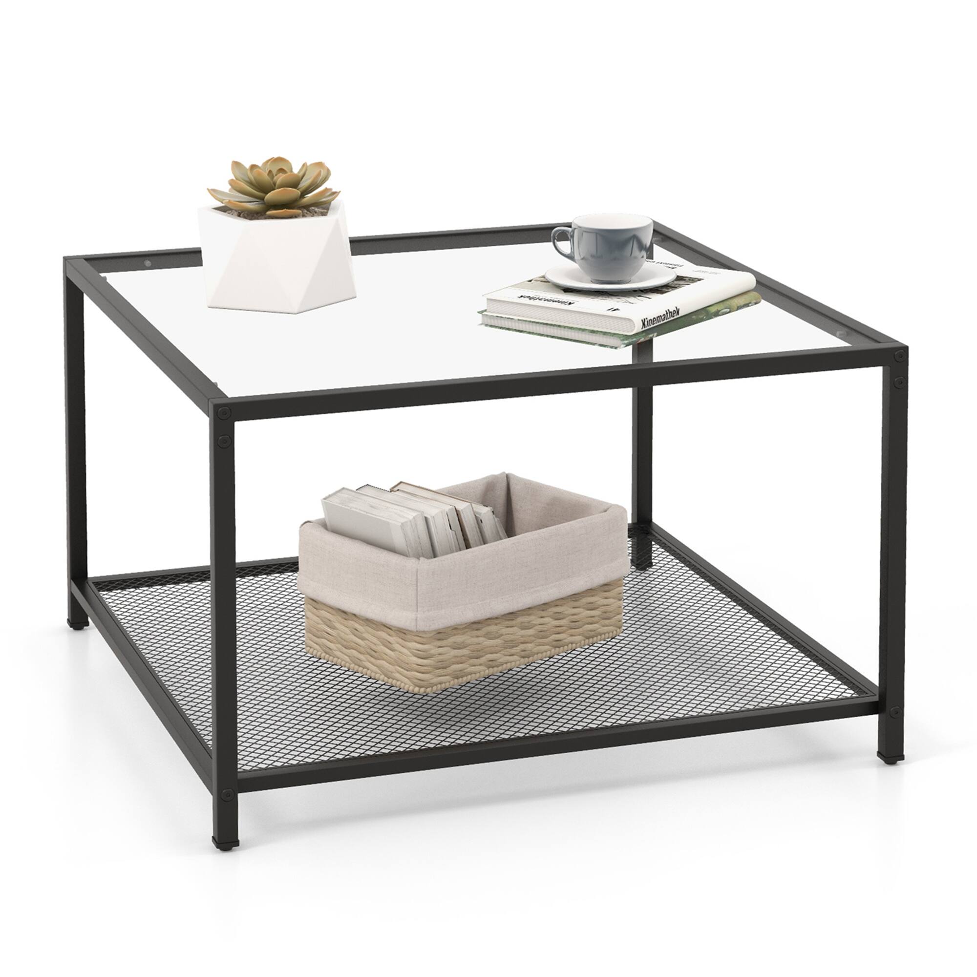 Front. Costway - Glass Coffee Table 27.5 Inch 2-Tier Square with Mesh Shelf Living Room Transparent - Transparent and Black.