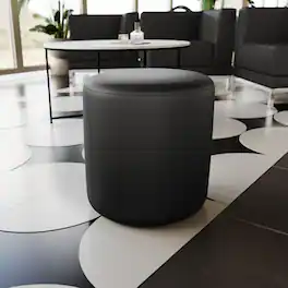 Emma + Oliver - Upholstered Round Ottoman Pouf - Black LeatherSoft