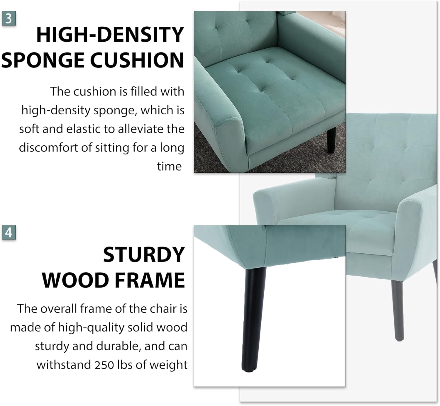 3. HIGH-DENSITY SPONGE CUSHION  
The cushion is filled with high-density sponge, which is soft and elastic to alleviate the discomfort of sitting for a long time.

4. STURDY WOOD FRAME  
The overall frame of the chair is made of high-quality solid wood, sturdy and durable, and can withstand 250 lbs of weight.