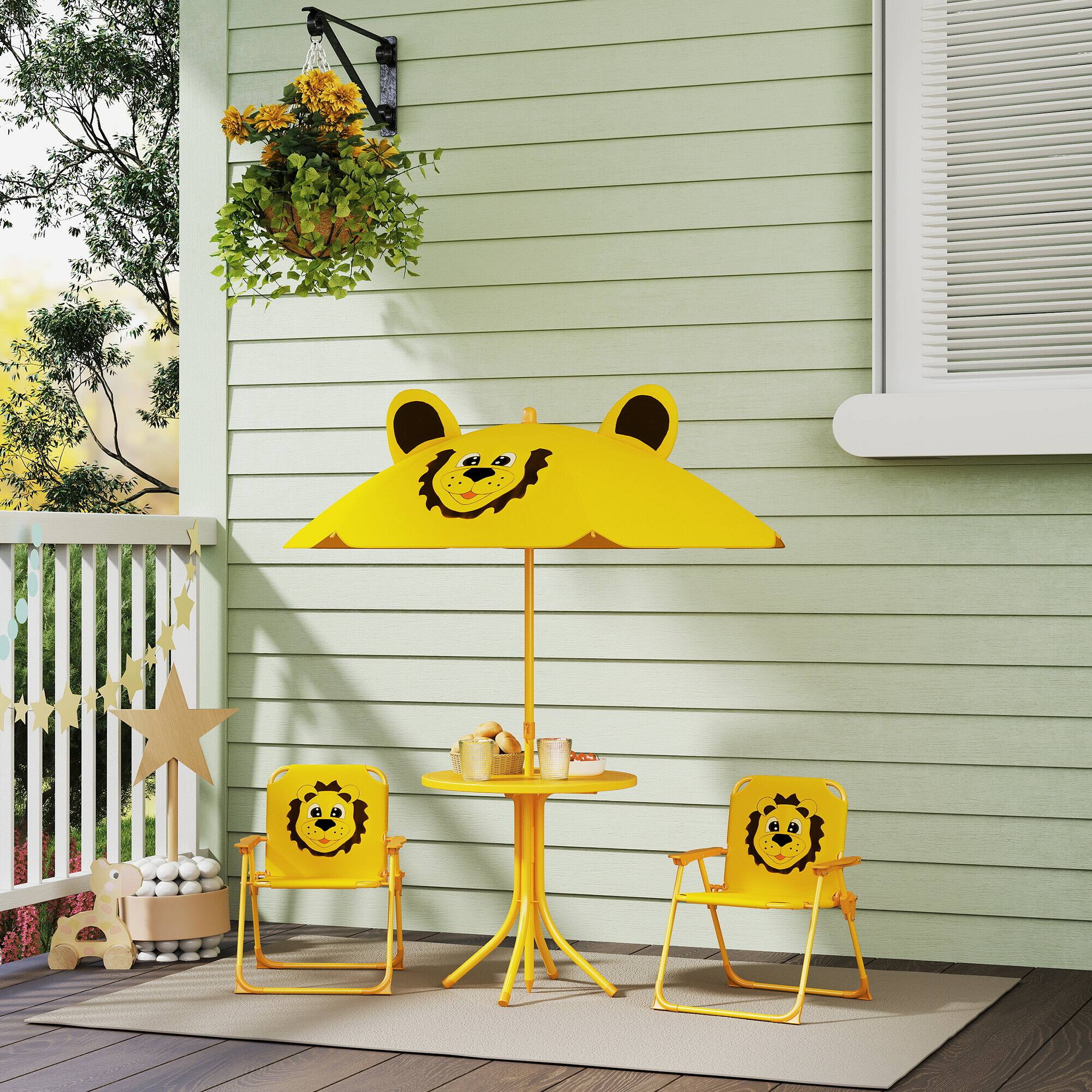 Angle. Qaba - Kids Picnic Table and Chair Set, Outdoor Activity Table with Foldable Chairs, Removable Umbrella, Lion Pattern - Yellow.