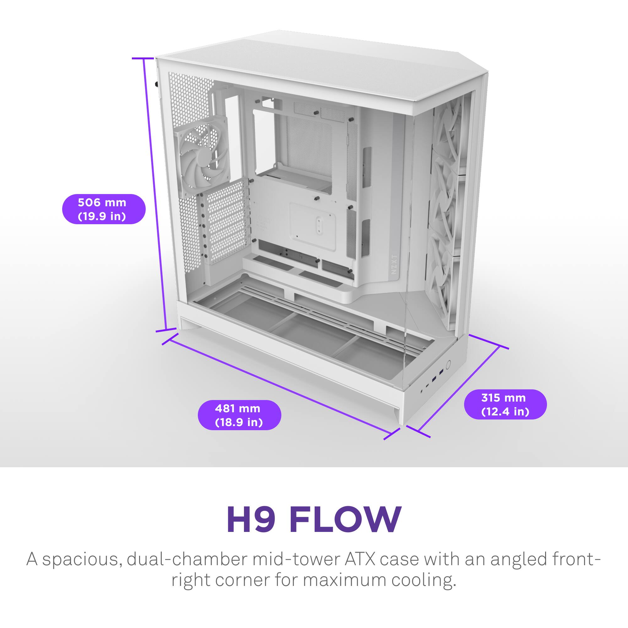 The text on the image reads: "506 mm (19.9 in) LXZN 481 mm (18.9 in) 315 mm (12.4 in) H9 FLOW A spacious, dual-chamber mid-tower ATX case with an angled front-right corner for maximum cooling."