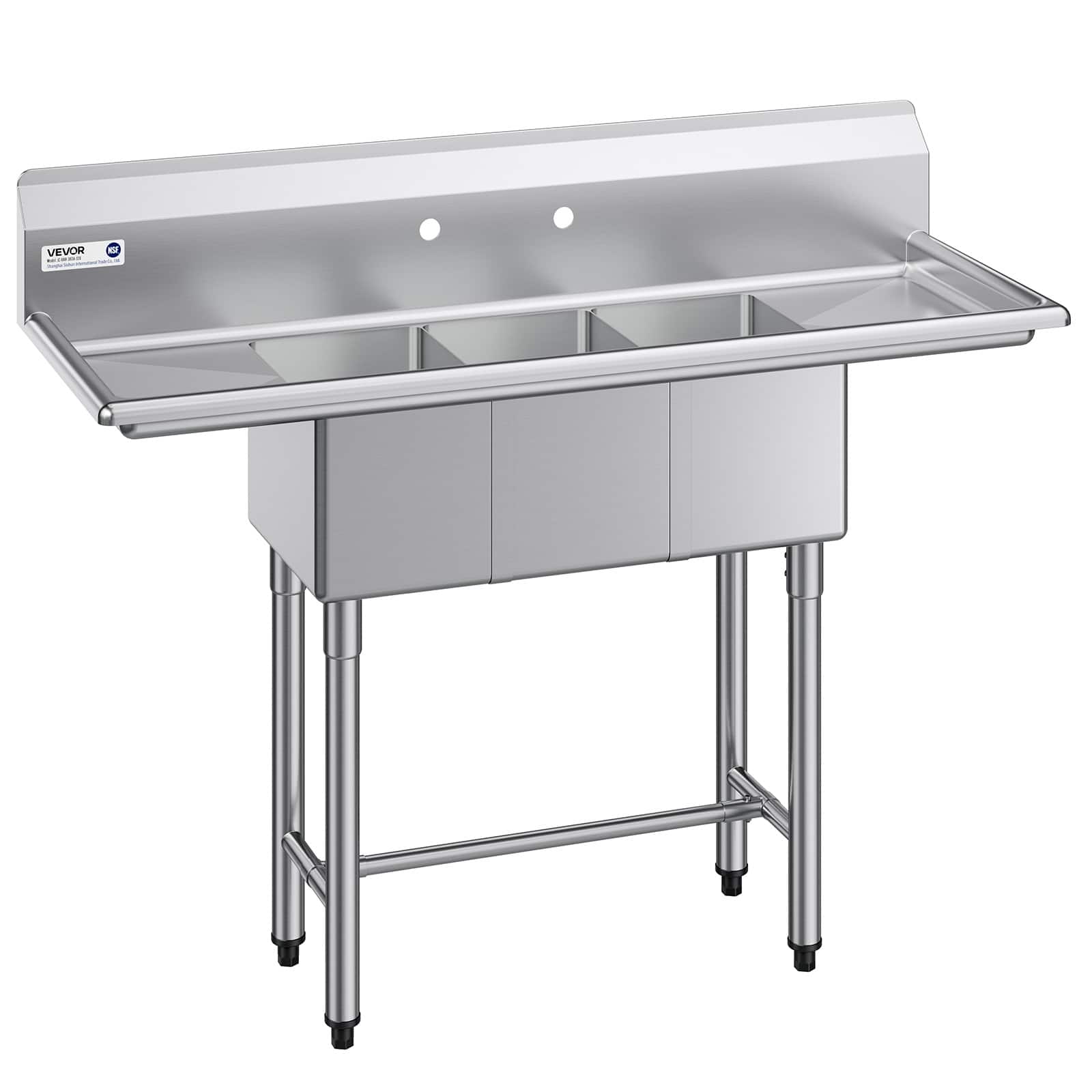 VEVOR - 3 Compartment Sink, 18-Gauge 304 Stainless Steel, 10"x14"x10" Bowl Size, 3 Bay Commercial Kitchen Prep & Utility Sink - Stainless steel color